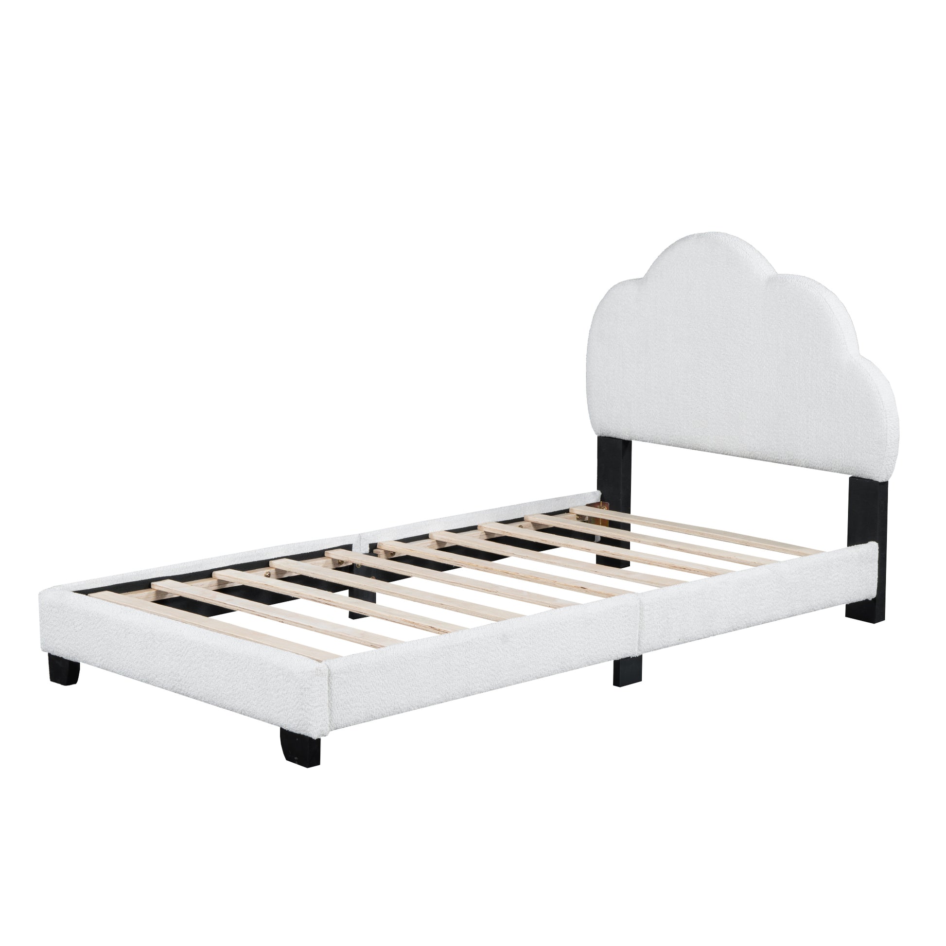 Twin Size Upholstered Boucle Fabric Platform Bed With Cloud Shaped Headboard White Upholstered
