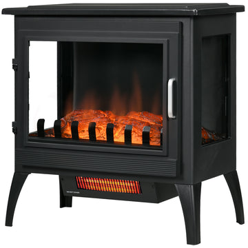 24" Electric Fireplace Stove, Freestanding Infrared Fire Place Heater With Realistic Logs Flame, Adjustable Temperature, Overheat Protection, 1000W 1500W, Black Black Abs