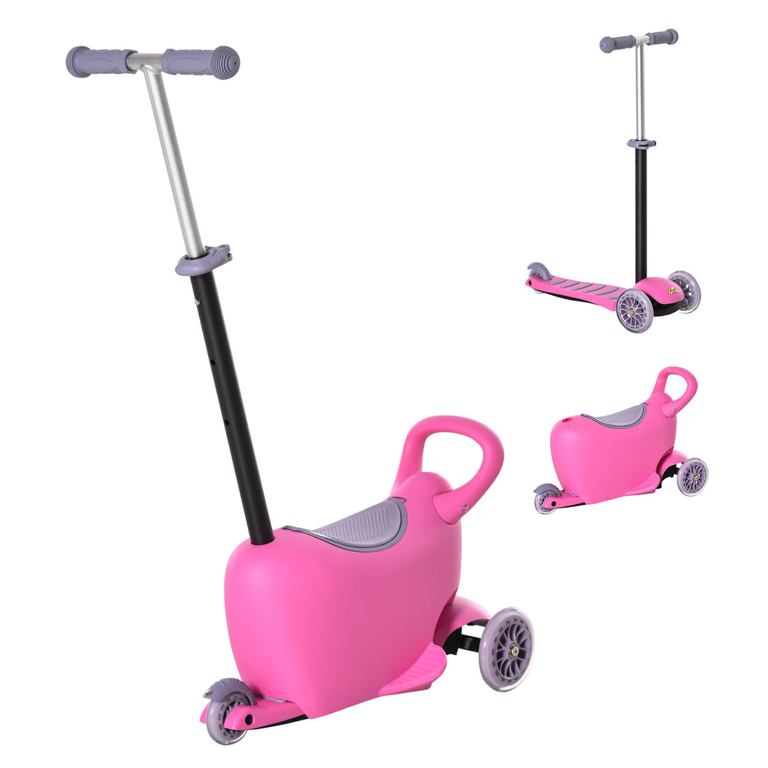 3 In 1 Ride On Push Car, Kids Scooter, Sliding Walker, Push Rider, With Adjustable Handlebar, 3 Balanced Wheels, Removable Storage Seat, For Boys And Girls Aged 2 6 Years Olds, Pink Pink Metal