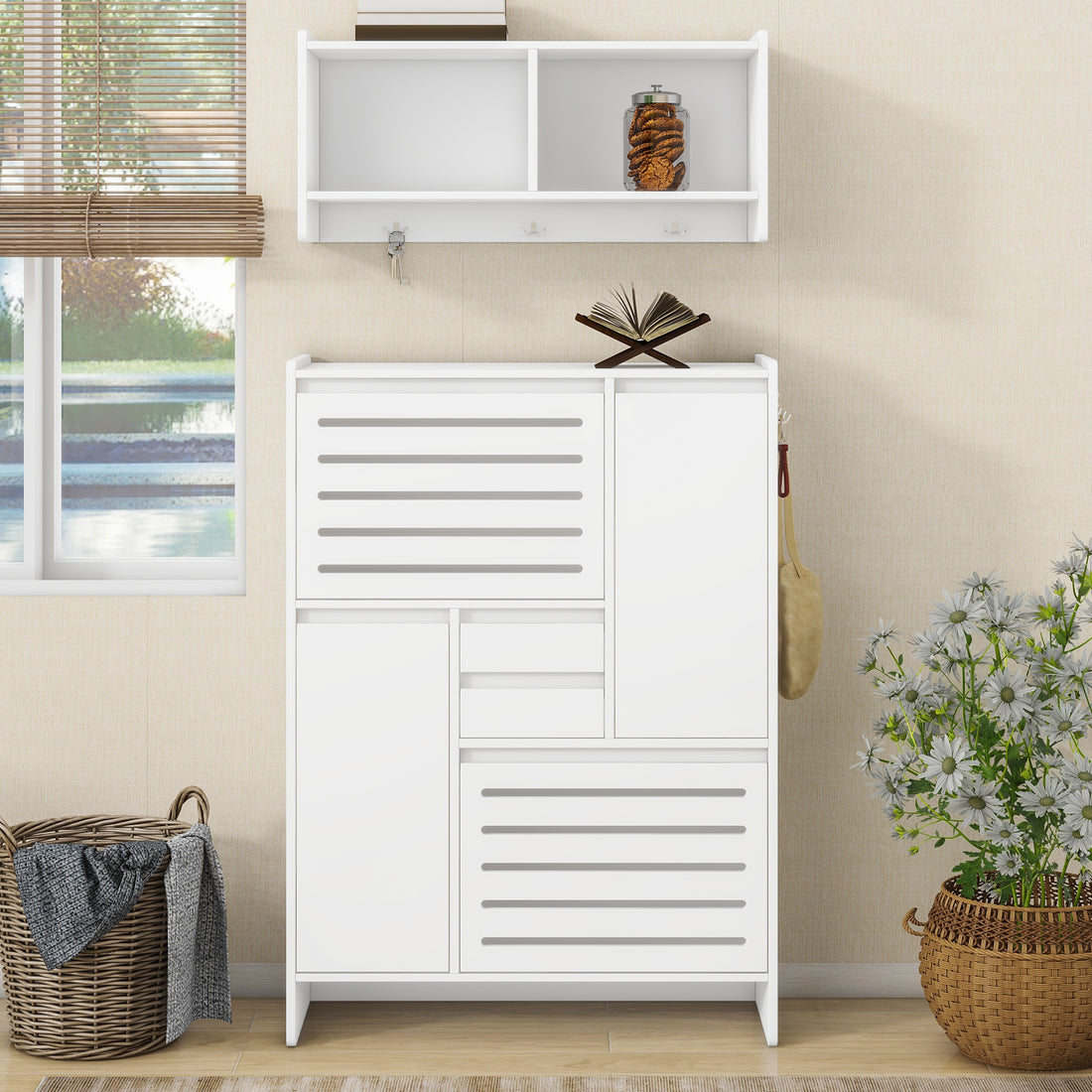 Multi Functional Shoe Cabinet With Wall Cabinet, Space Saving Design Foyer Cabinet With 2 Flip Drawers, Versatile Side Cabinet For Hallway, White White Primary Living Space Particle Board