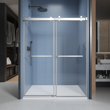 72'' 76'' W X 76'' H Soft Closing Double Sliding Frameless Shower Door With 3 8 Inch 10Mm Clear Glass In Chrome Chrome Stainless Steel