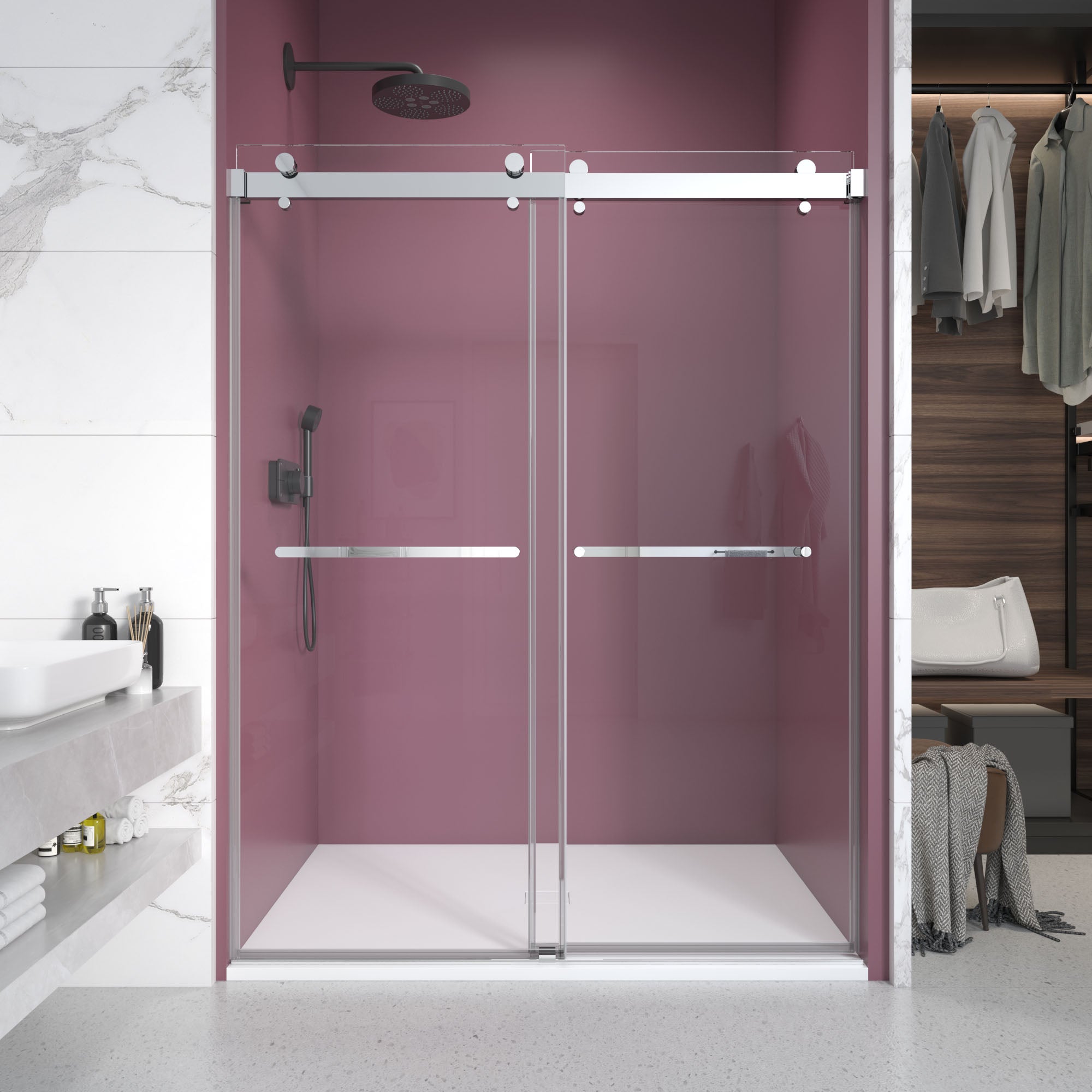 56'' 60'' W X 76'' H Double Sliding Frameless Shower Door With 3 8 Inch 10Mm Clear Glass In Chrome Chrome Stainless Steel