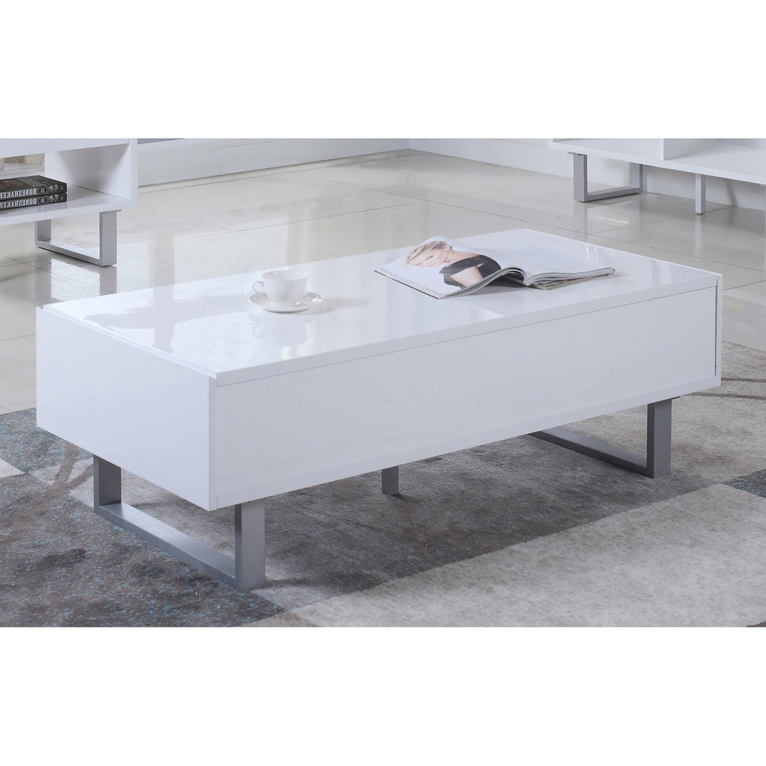 High Glossy White Storage Coffee Table White White Primary Living Space Contemporary,Modern Rectangular Drawers Coffee & End Tables Glossy Wood