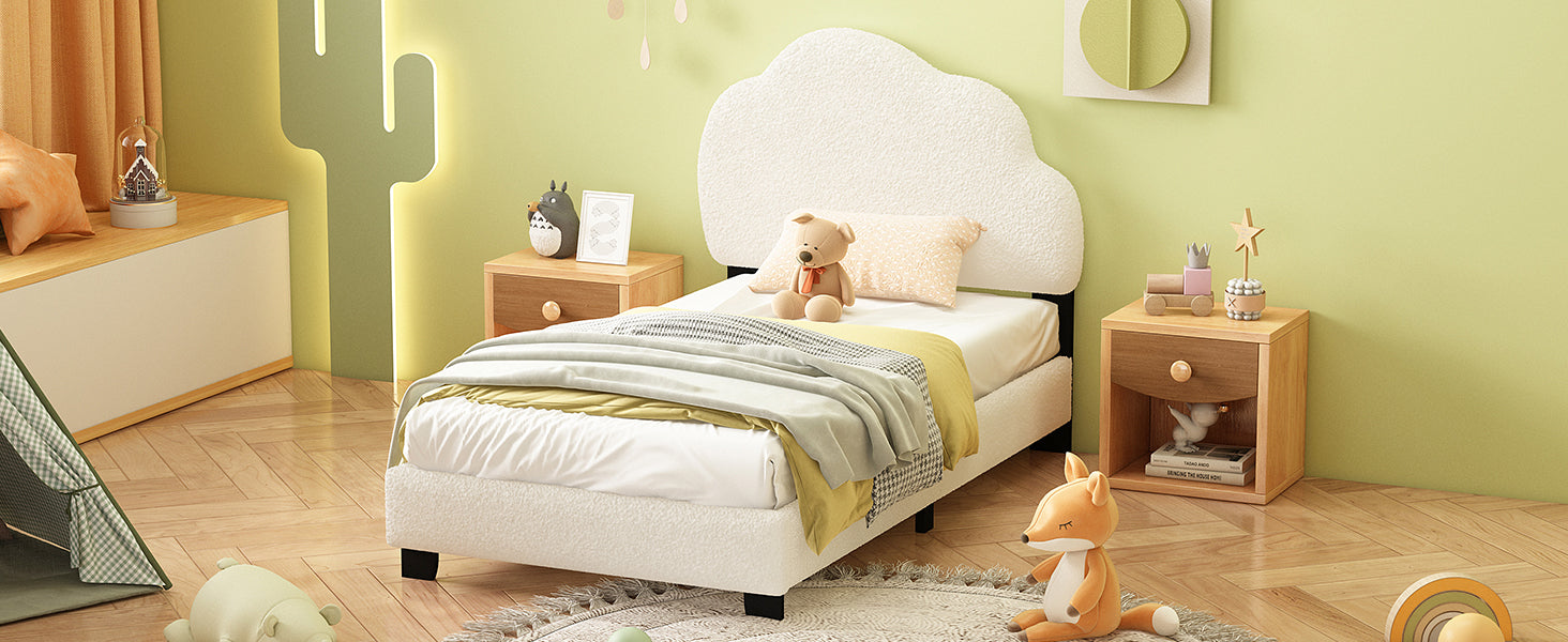 Twin Size Upholstered Boucle Fabric Platform Bed With Cloud Shaped Headboard White Upholstered