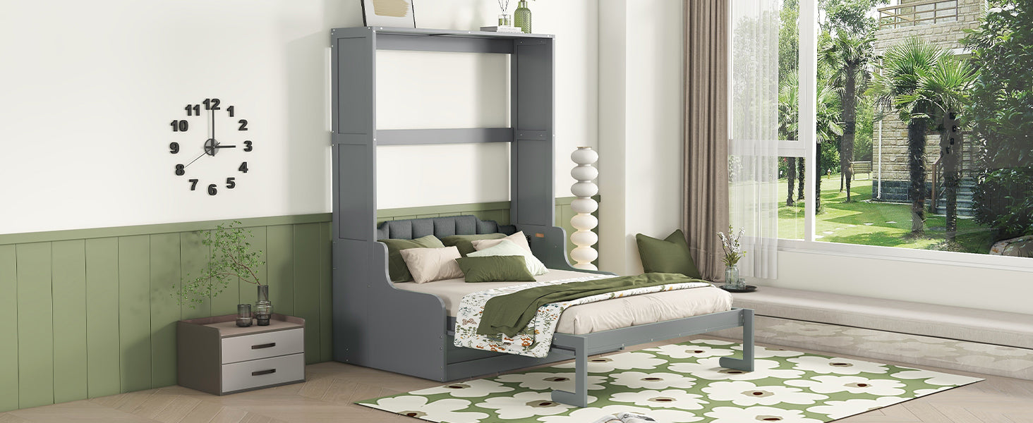 Queen Size Murphy Bed Wall Bed With Cushion,Gray Queen Gray Mdf Lvl