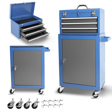 Rolling Garage Workshop Tool Organizer: Detachable 3 Drawer Tool Chest With Large Storage Cabinet And Adjustable Shelf Blue Steel