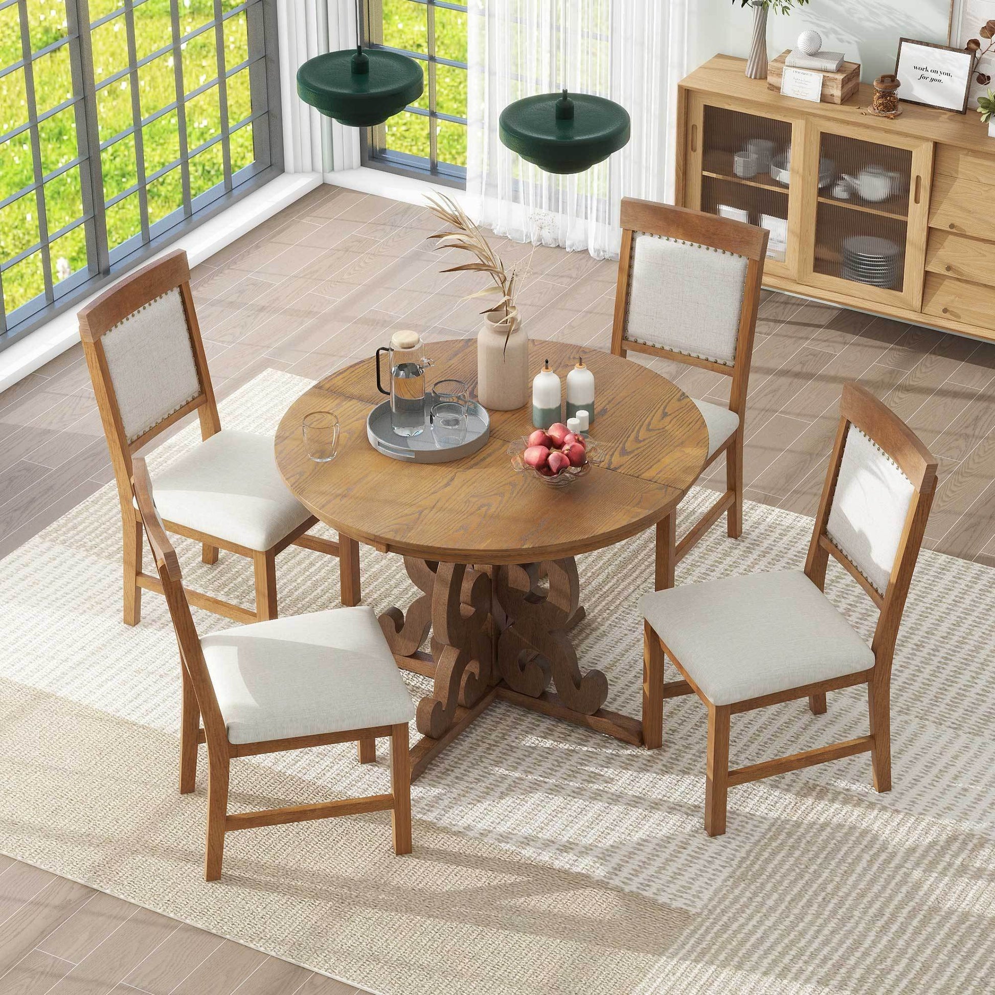 5 Piece Retro Functional Dining Set, 1 Extendable Table With A 16 Inch Leaf And 4 Upholstered Chairs For Dining Room And Kitchen Walnut Walnut Solid Wood