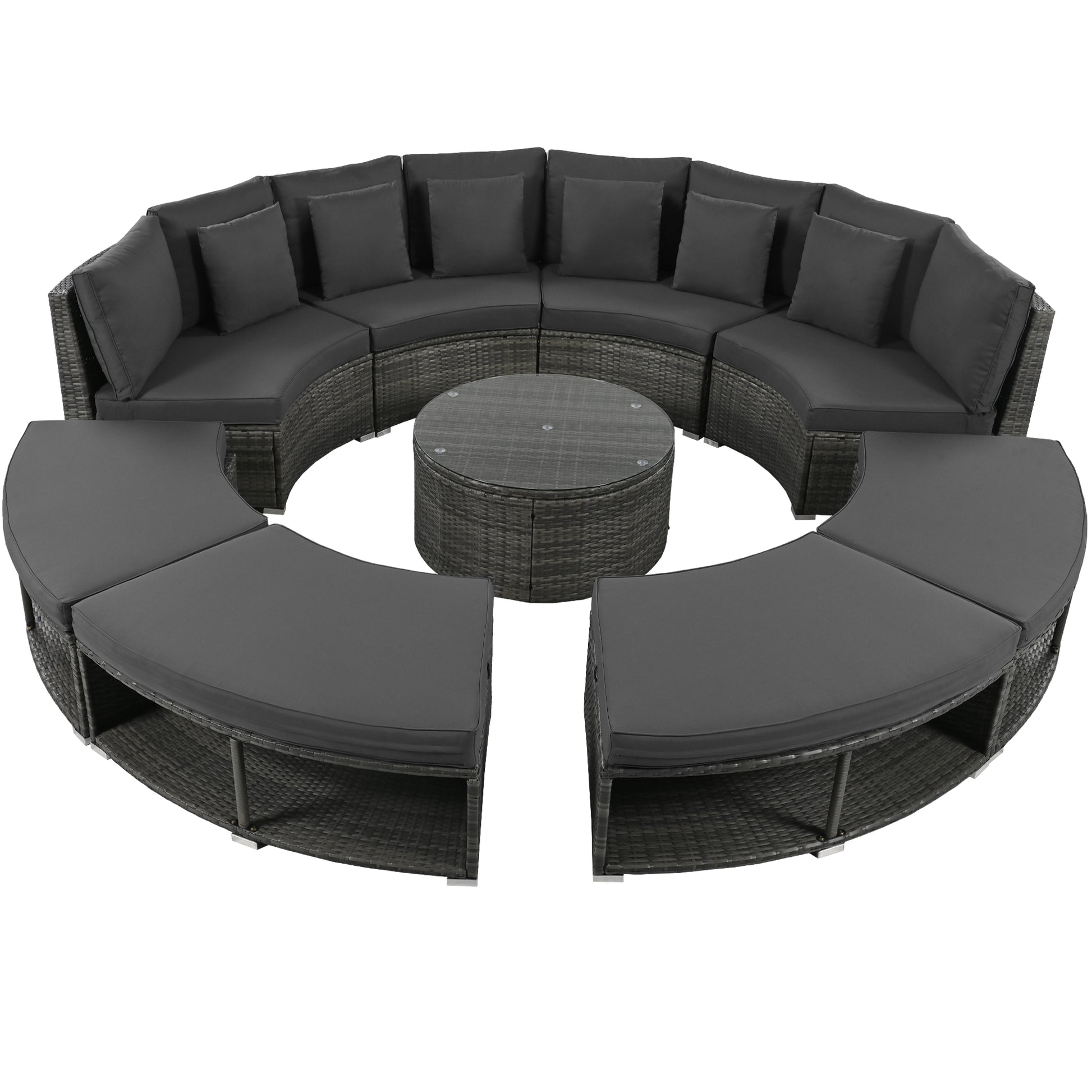 Outdoor Patio Furniture Luxury Circular Outdoor Sofa Set Rattan Wicker Sectional Sofa Lounge Set With Tempered Glass Coffee Table, 6 Pillows, Grey Yes Grey Water Resistant Frame Water Resistant Cushion Garden & Outdoor Sectional Seating Groups Foam