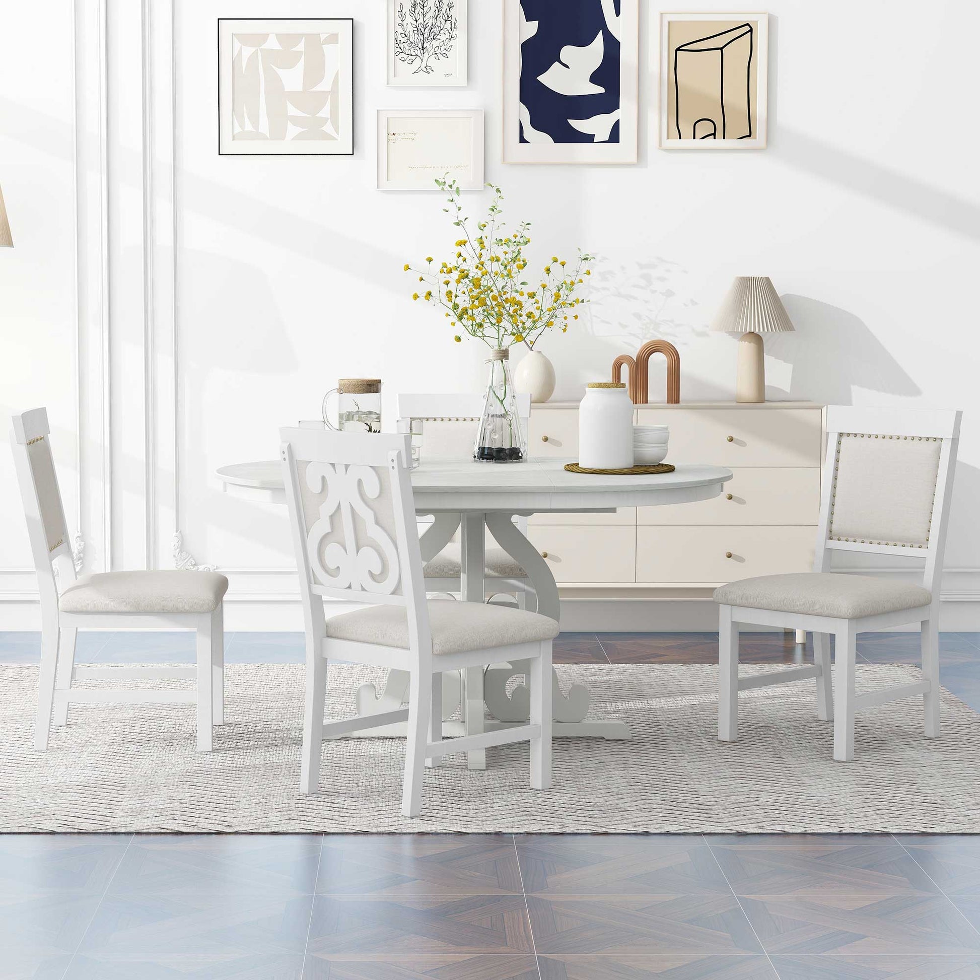5 Piece Retro Functional Dining Set, 1 Extendable Table With A 16 Inch Leaf And 4 Upholstered Chairs For Dining Room And Kitchen Antique White Antique White Solid Wood