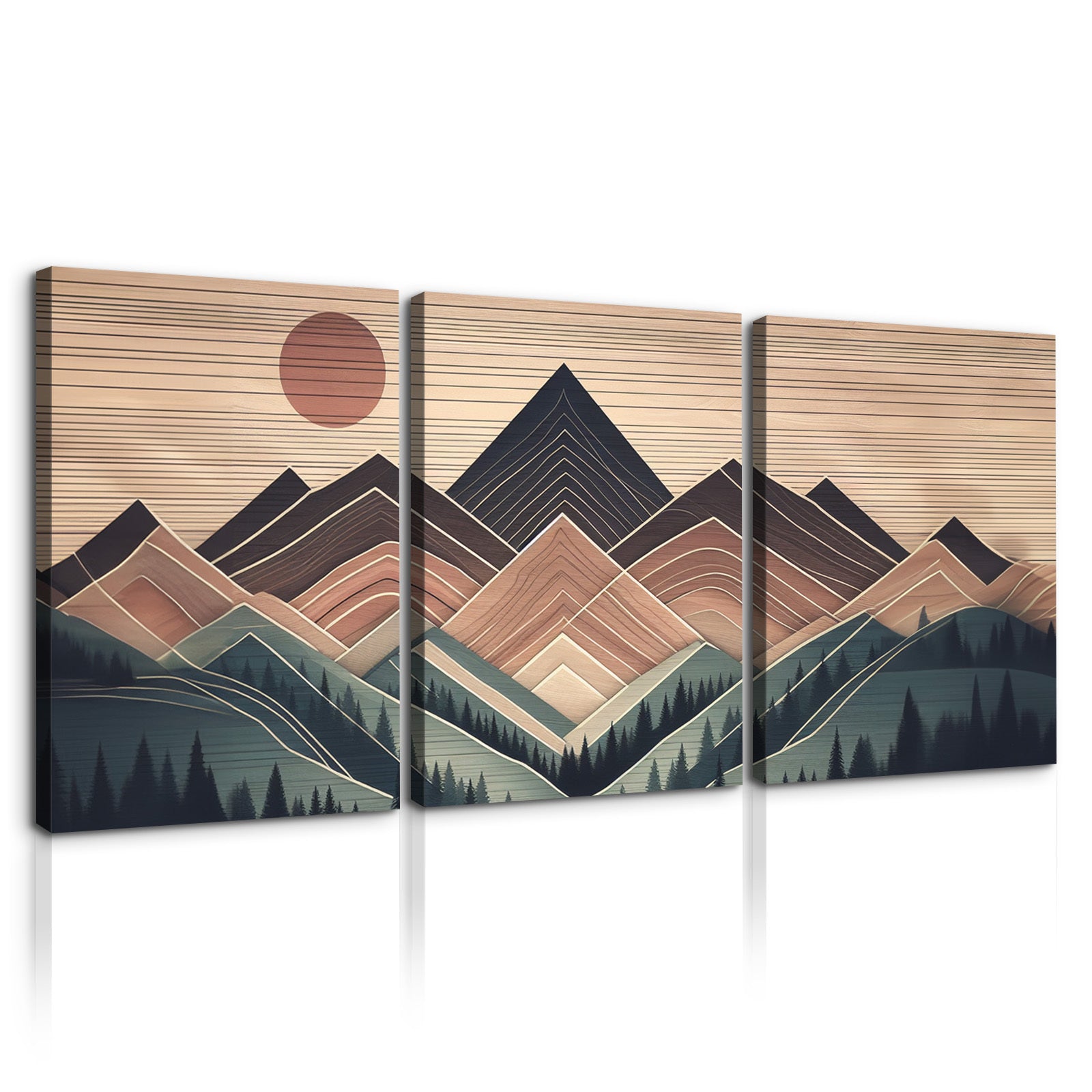 3 Panels Framed Abstract Wood Grain Boho Style rectangle-framed-multicolor-oversized