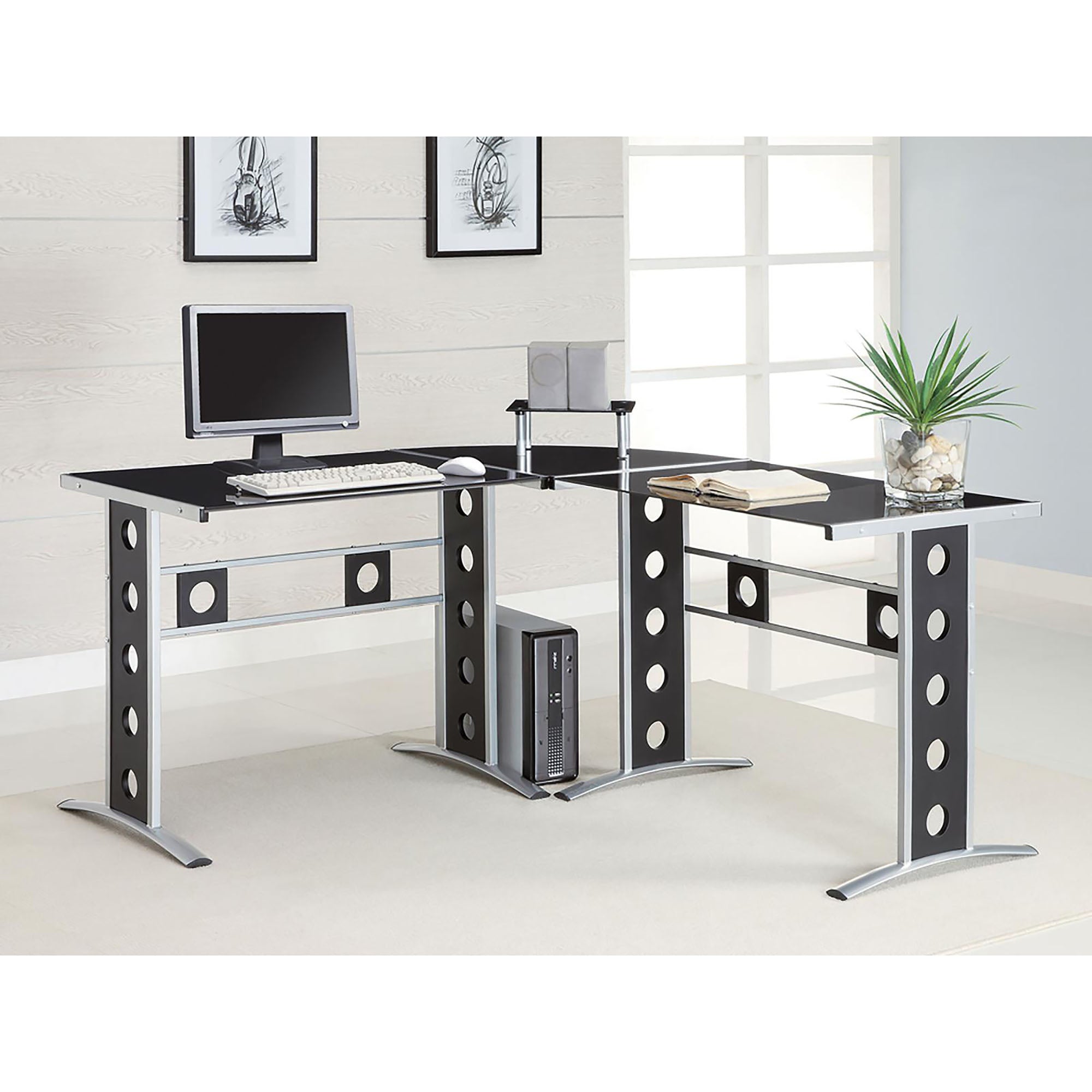 Black And Silver 3 Piece Office Desk Set Black Office Contemporary,Modern Tabeltop Rectangular Desk Metal