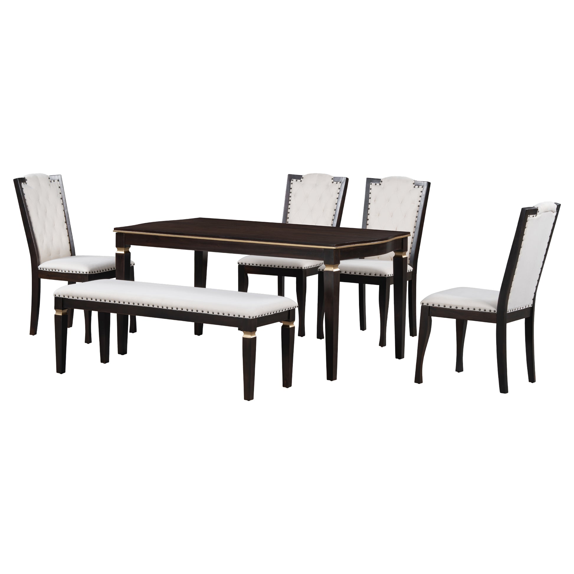 6 Piece Kitchen Dining Table Set, 62.7" Rectangular Table And 4 High Back Tufted Chairs & 1 Bench For Dining Room And Kitchen Espresso Espresso Modern Solid Wood Mdf