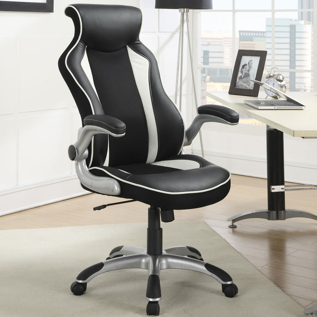 Black And Silver Adjustable Height Office Chair Black Office Spot Clean Contemporary,Modern Foam Casters Upholstered