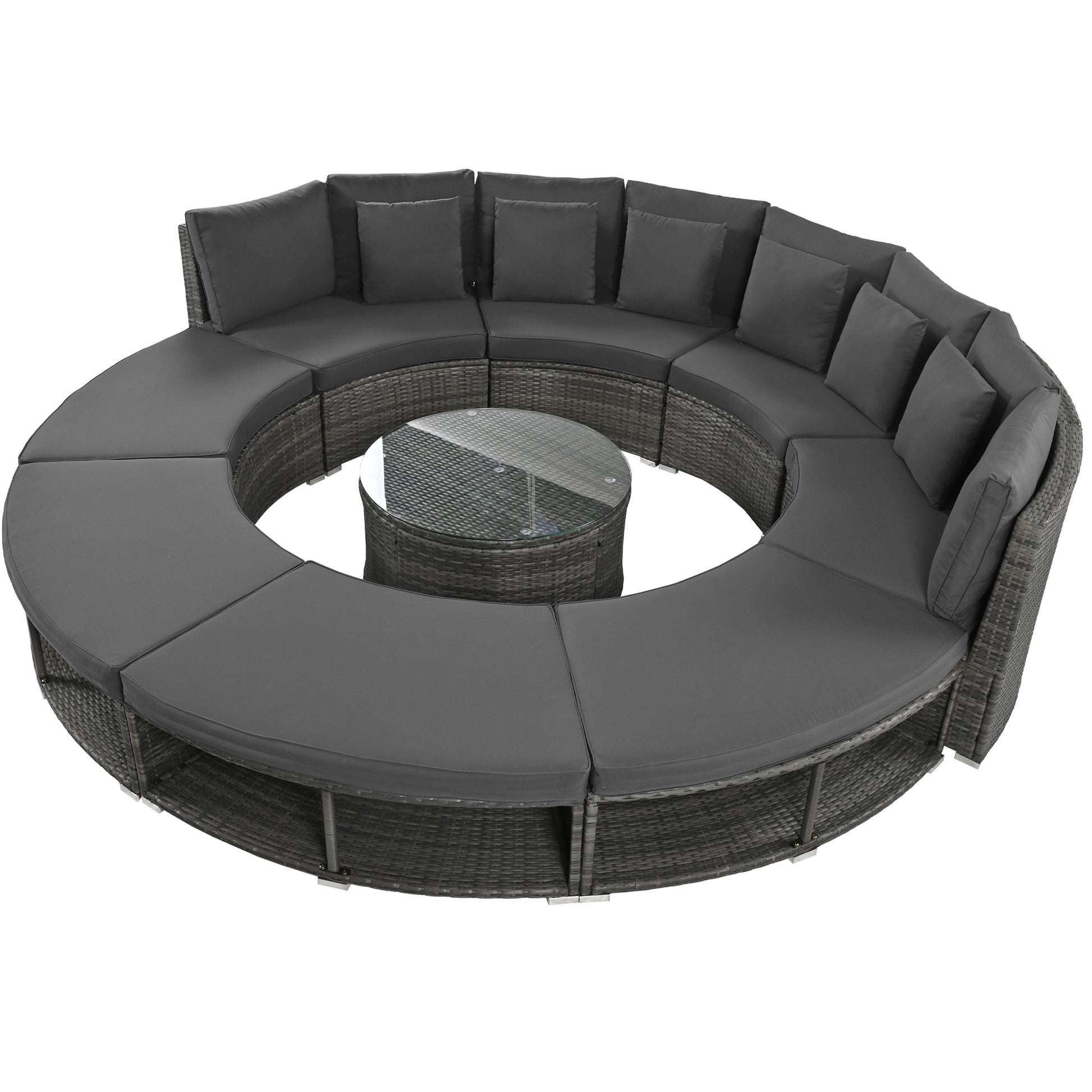 Outdoor Patio Furniture Luxury Circular Outdoor Sofa Set Rattan Wicker Sectional Sofa Lounge Set With Tempered Glass Coffee Table, 6 Pillows, Grey Yes Grey Water Resistant Frame Water Resistant Cushion Garden & Outdoor Sectional Seating Groups Foam