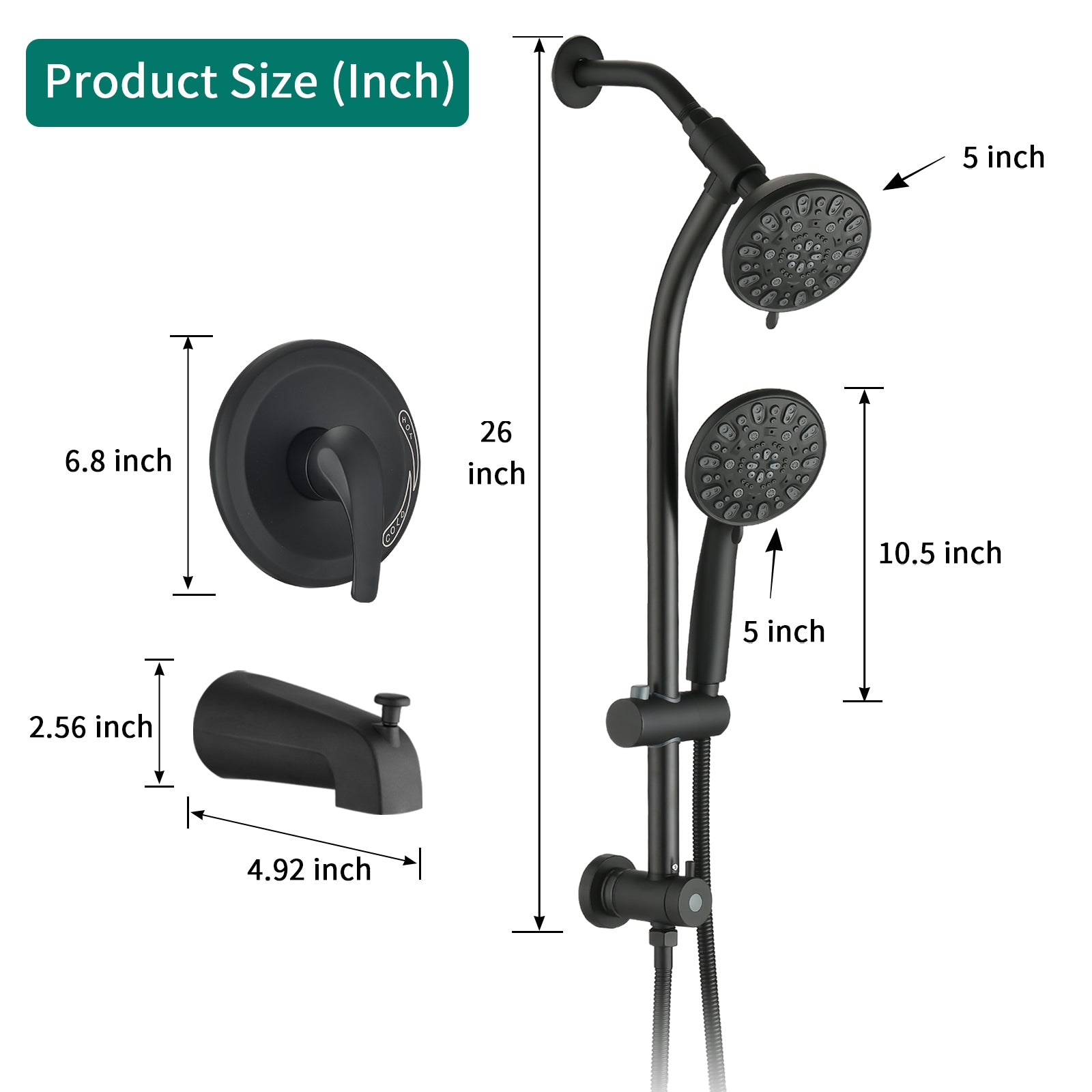 Drill Free Stainless Steel Slide Bar Combo Rain Showerhead 7 Setting Hand, Dual Shower Head Spa System With Tup Spout Rough In Valve Included Matte Black Abs