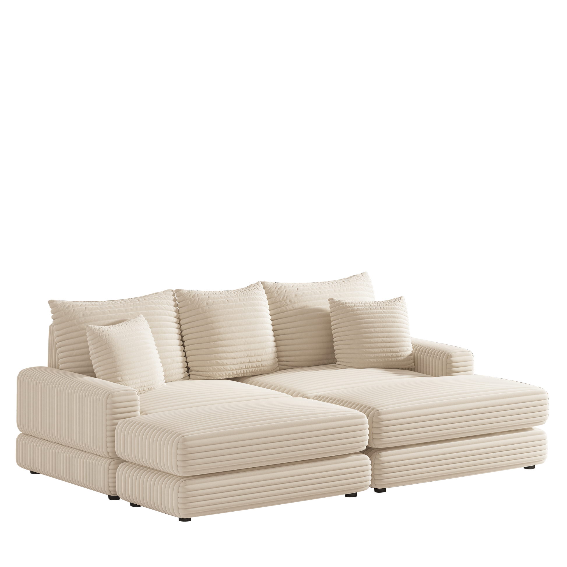 86.6Inch Corduroy 3 Seater Sofa With 3 Back Pillows2 Toss Pillows And Two Ottoman ,Comfy Sofa Deep Seat Couch For Living Room Beige Corduroy