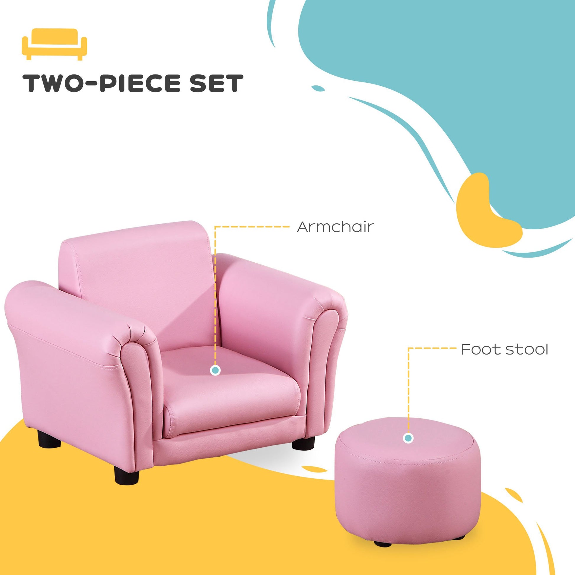 Kids Sofa Set With Footstool, Upholstered Armchair For Kids 18M , Baby Sofa For Playroom, Children'S Bedroom, Nursery Room, Pink Pink Wood