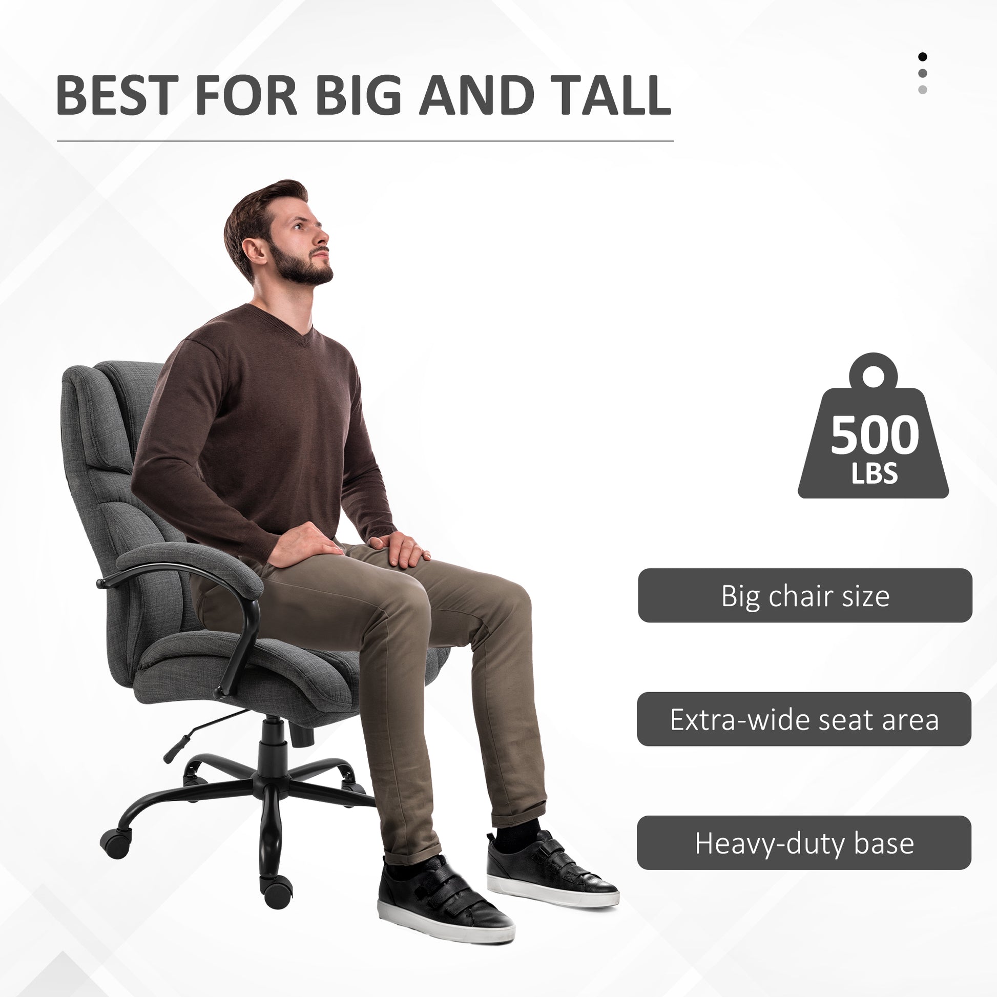 500Lbs Big And Tall Office Chair With Wide Seat, Ergonomic Executive Computer Chair With Adjustable Height, Swivel Wheels And Linen Finish, Dark Grey Grey Polyester