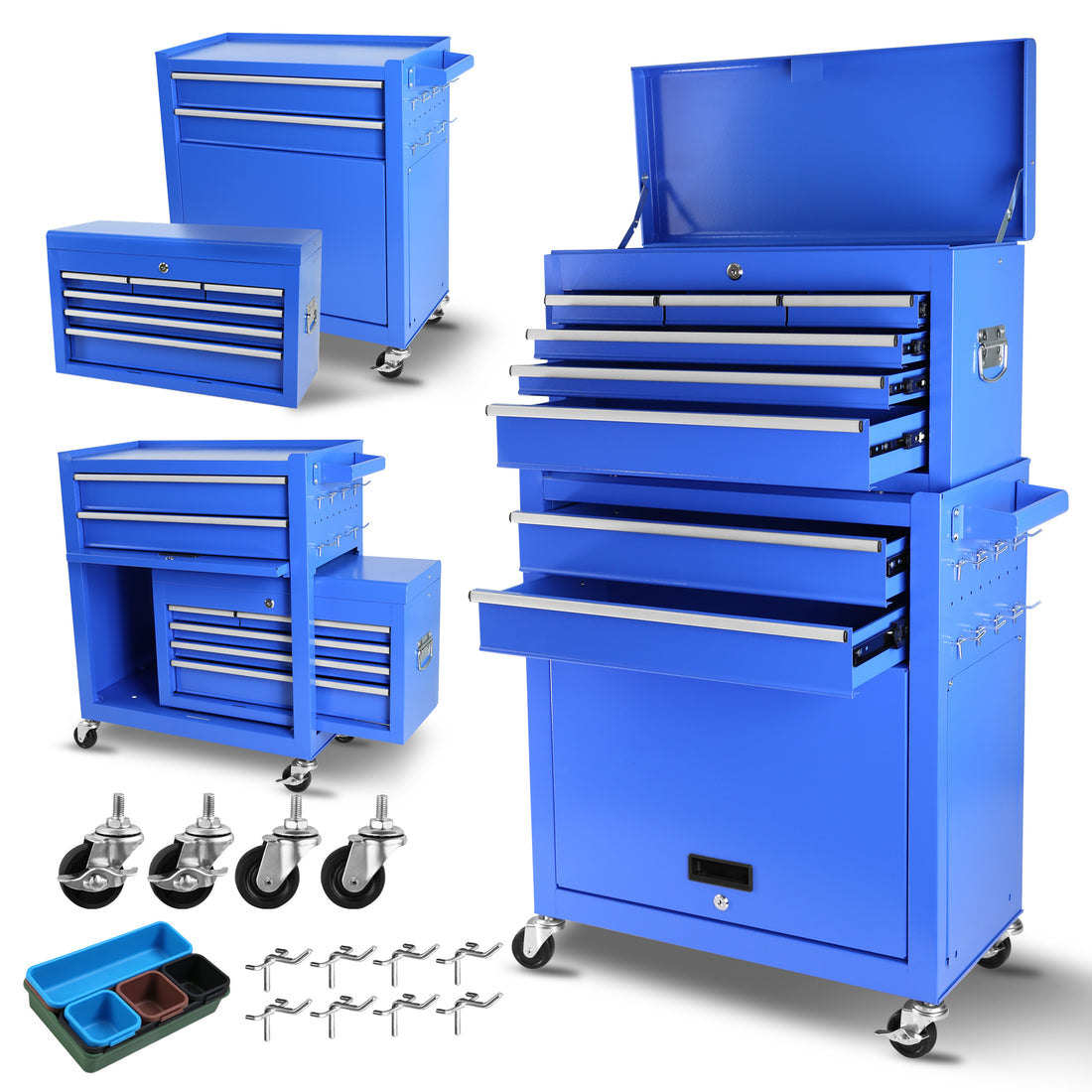 Rolling Tool Chest With Wheels And 8 Drawers, Detachable Large Tool Cabinet With Lock For Garage, Locking Mechanic Tool Cart With Black Liner For Warehouse, Workshop, High Capacity Blue Steel