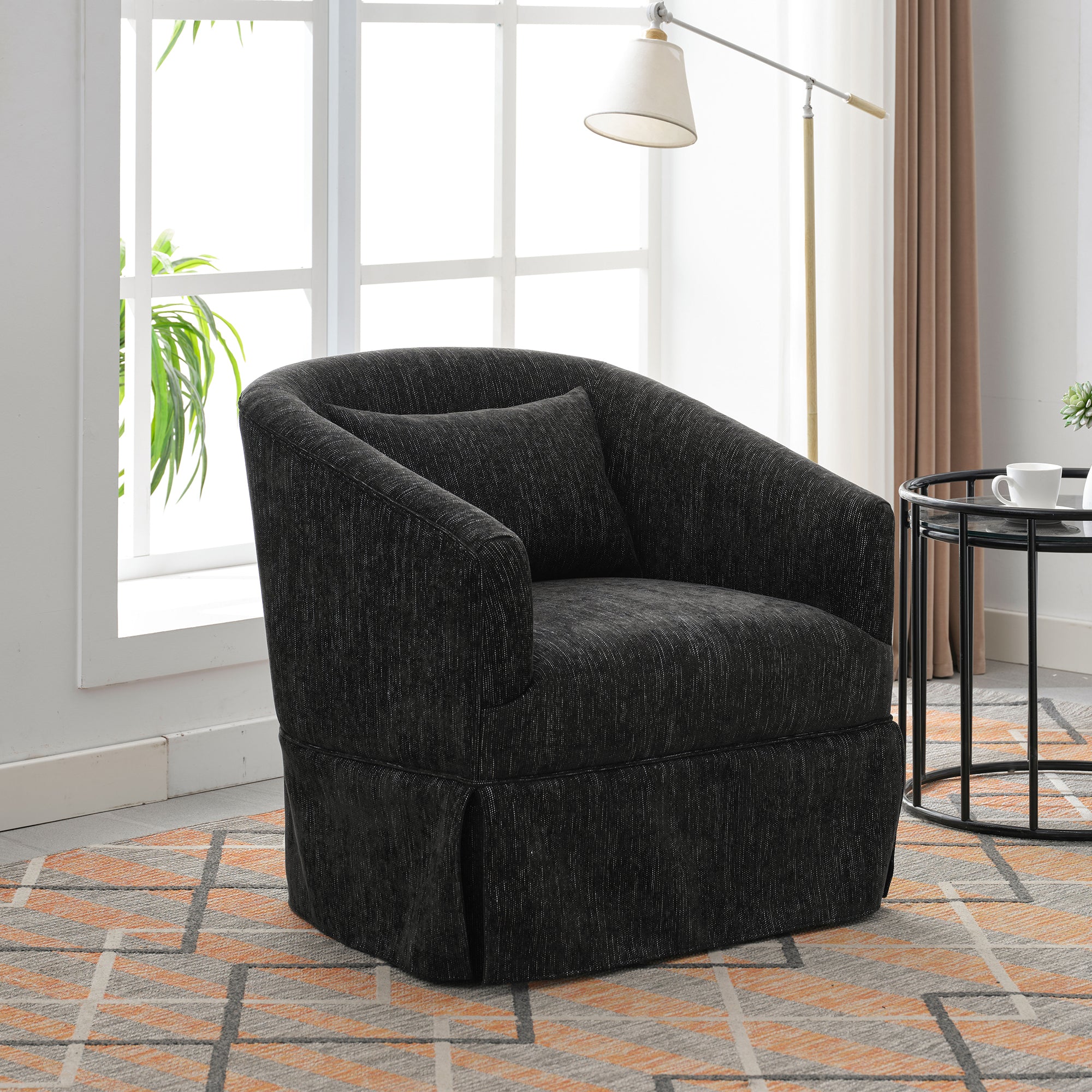 360 degree Swivel Accent Armchair Linen Blend BLACK black-upholstered