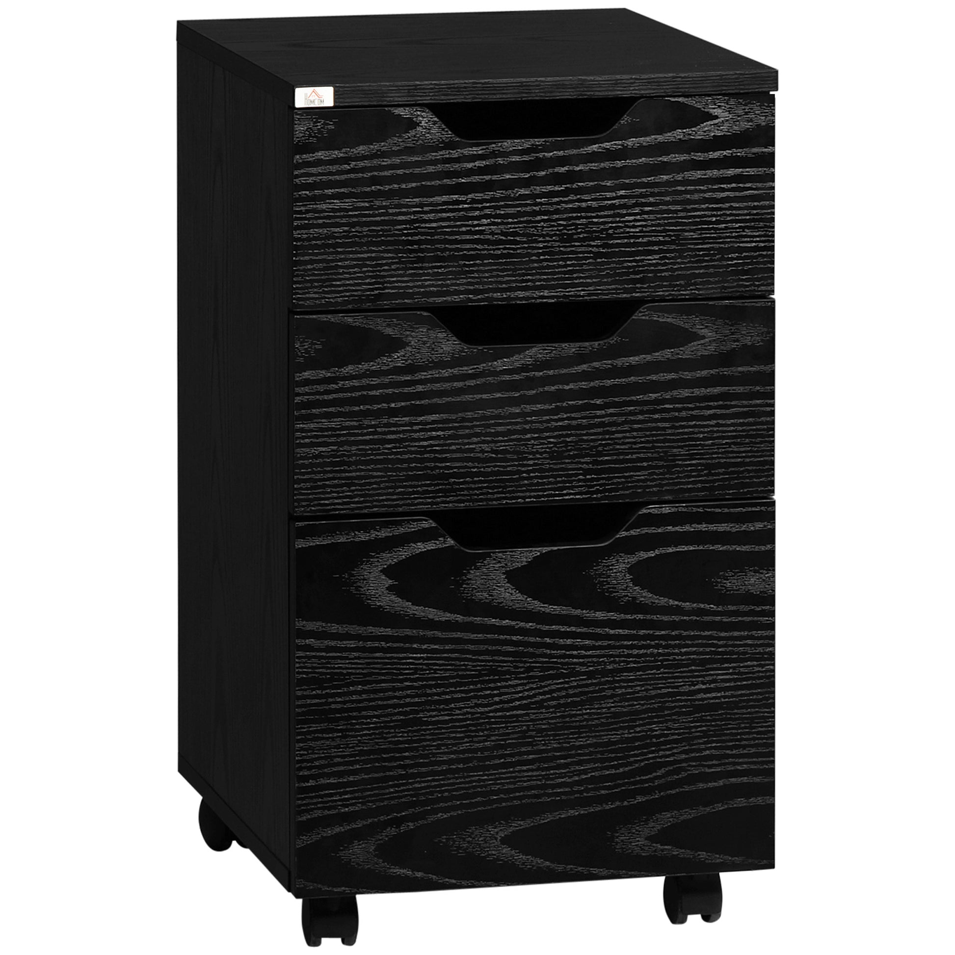 3 Drawer Office Storage Cabinet, Under Desk Cabinet With Wheels, Black Wood Grain Black Particle Board