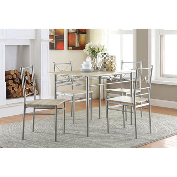 Taupe And Silver 5 Piece Rectangle Dining Set Wood Silver Seats 4 Metal Dining Room Fixed Table Rustic,Transitional 4 Leg Rectangular Dining Table With Chair Metal