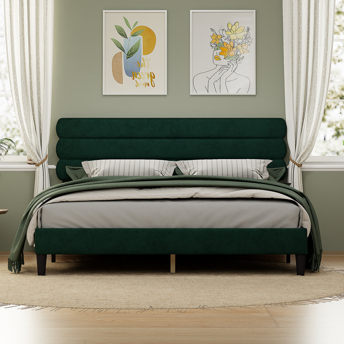 King Bed Frame With Headboard,Sturdy Platform Bed With Wooden Slats Support,No Box Spring,Mattress Foundation,Easy Assembly Green Green Wood