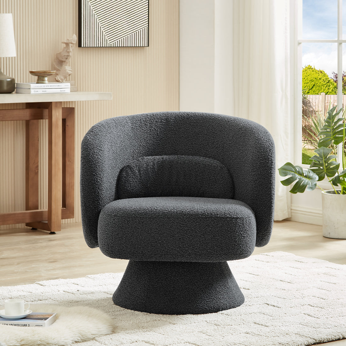 360 Degree Swivel Sherpa Accent Chair Modern Style Barrel Chair With Toss Pillows For Home Office, Living Room, Bedroom, Dark Grey Dark Gray Foam Fabric