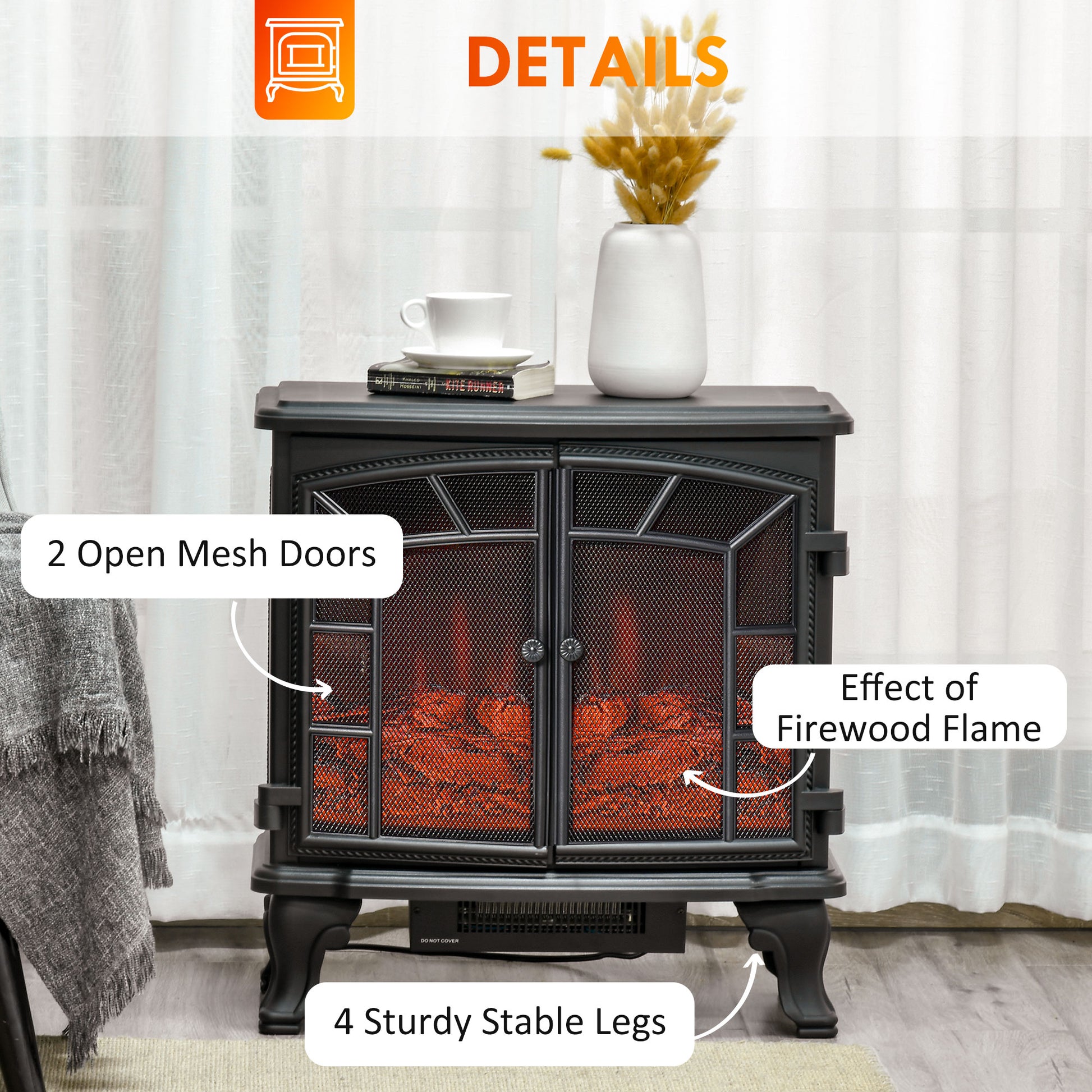 27" Electric Fireplace Heater, Fireplace Stove With Realistic Led Flames And Logs, Remote Control And Overheating Protection, 750W 1500W, Black Black Abs