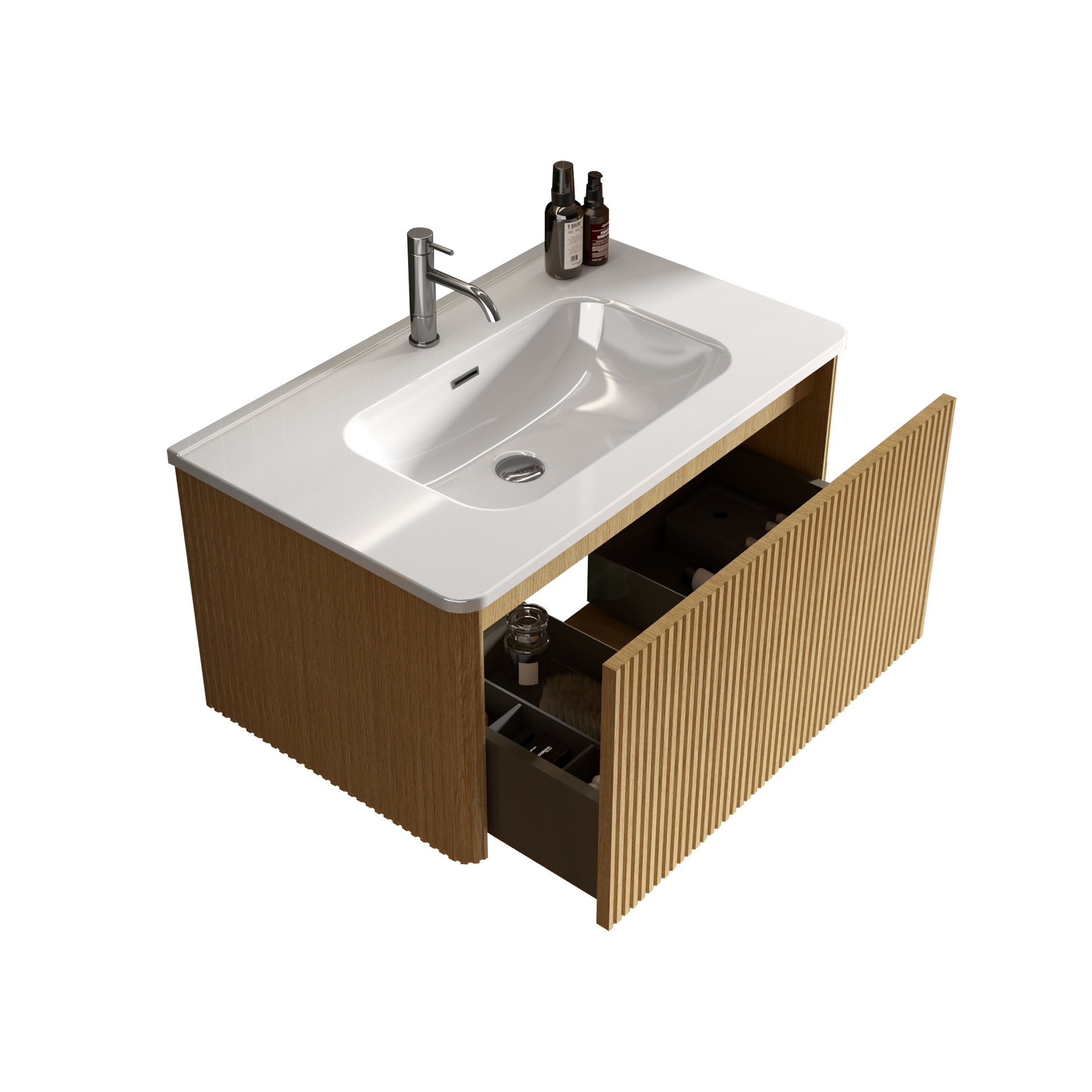 U049 Etna30W 306 Etna 30" Striped Natural Oak Bathroom Vanity With White Ceramic Sink, Wall Mounted Floating Bathroom Vanity For Modern Bathroom, One Piece White Basin Without Drain, Pre Assembled White Oak Melamine