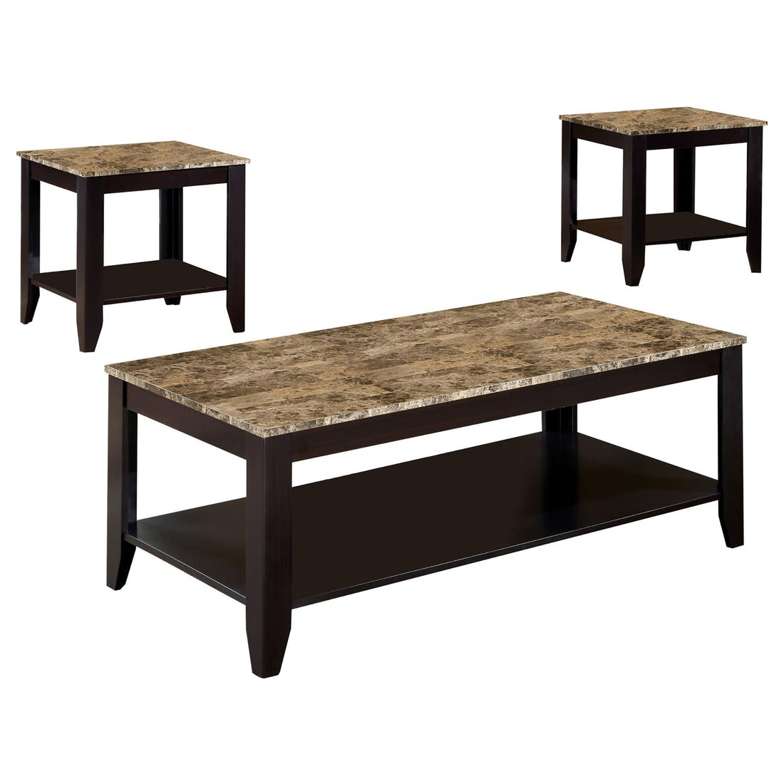 Cappuccino 3 Piece Faux Marble Top Occasional Set Brown Primary Living Space Transitional Rectangular Shelves Coffee & End Tables Wood