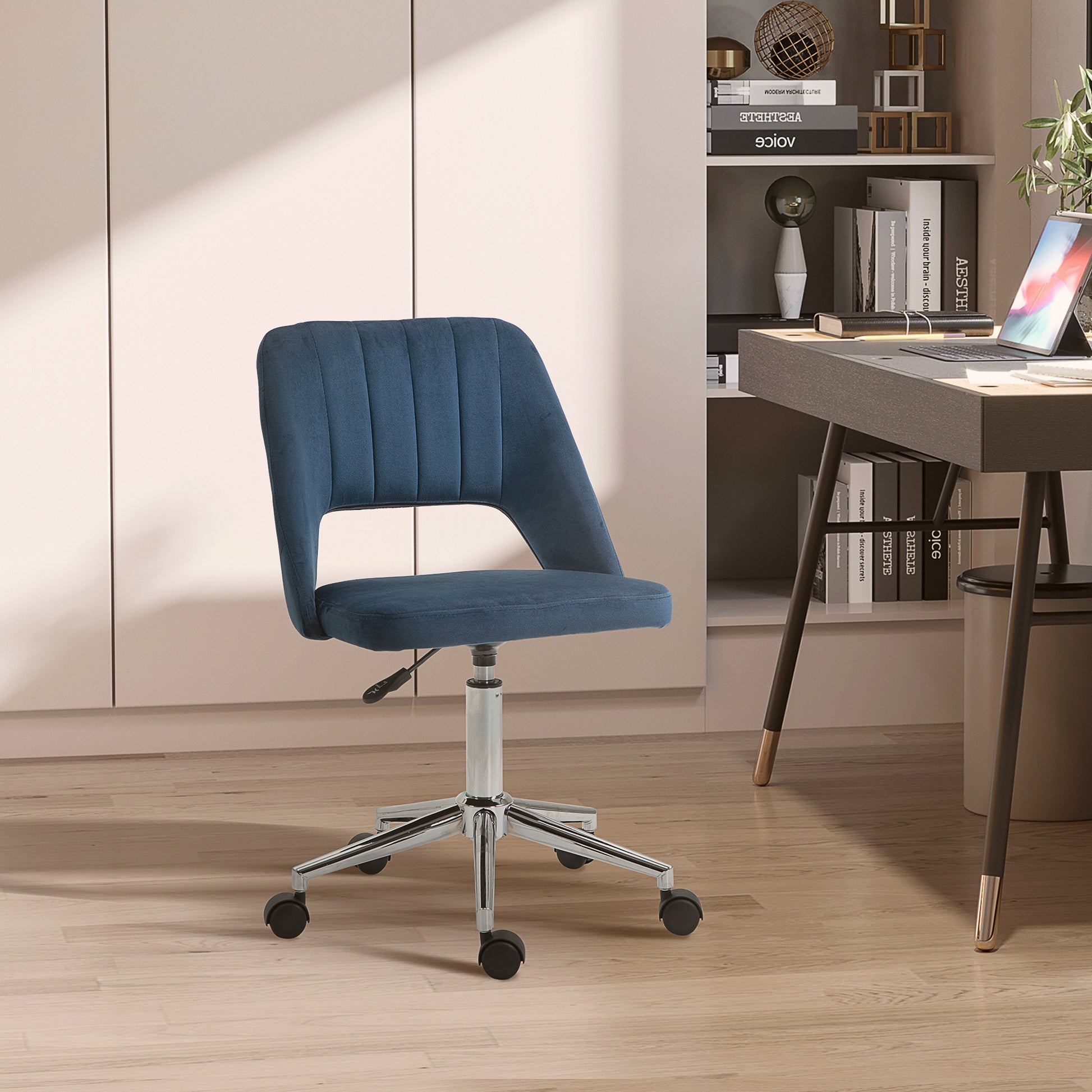 Modern Mid Back Office Chair With Velvet Fabric, Swivel Computer Armless Desk Chair With Hollow Back Design For Home Office, Blue Blue Polyester