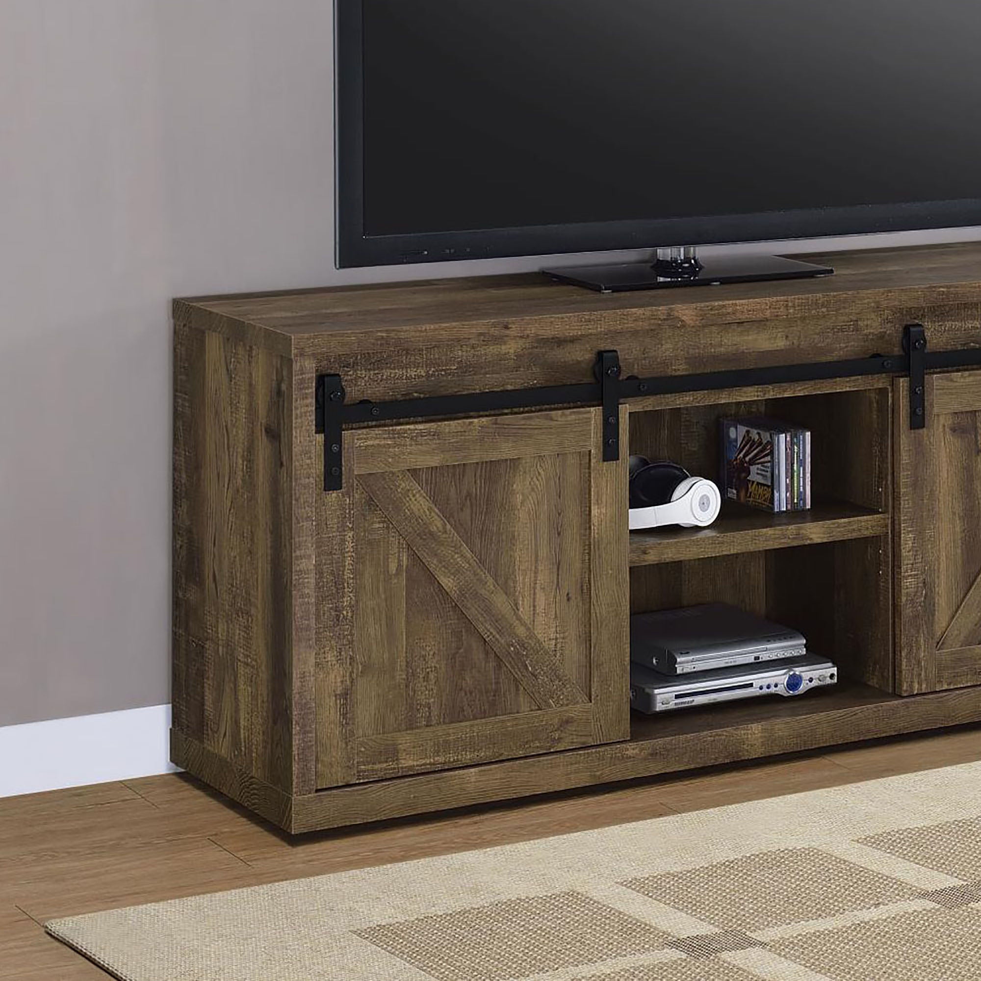 Rustic Oak 59 inch Tv Console with 2 Sliding