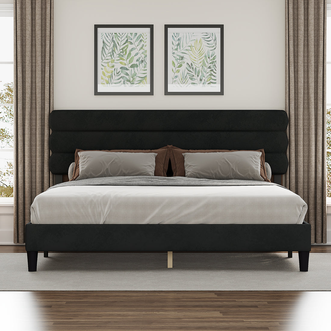 King Bed Frame With Headboard,Sturdy Platform Bed With Wooden Slats Support,No Box Spring,Mattress Foundation,Easy Assembly Dark Grey Dark Grey Wood
