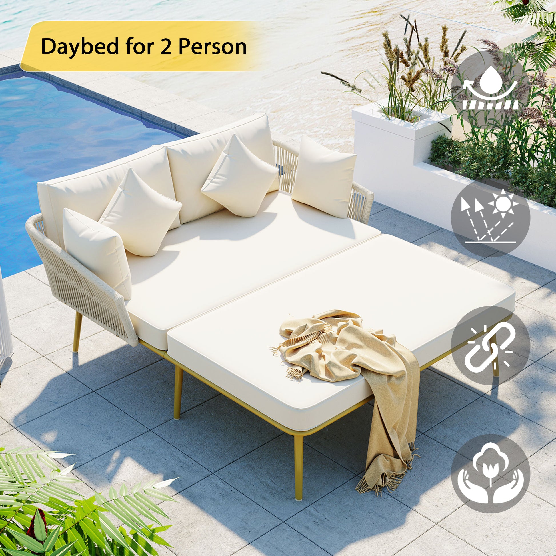 Outdoor Patio Daybed, Woven Nylon Rope Backrest With Washable Cushions For Balcony, Poolside, Set For 2 Person, Beige Yes Complete Patio Set Beige Gold Weather Resistant Frame Stain Resistant Cushions Garden & Outdoor Casual Complete Patio Sets Foam Pvc