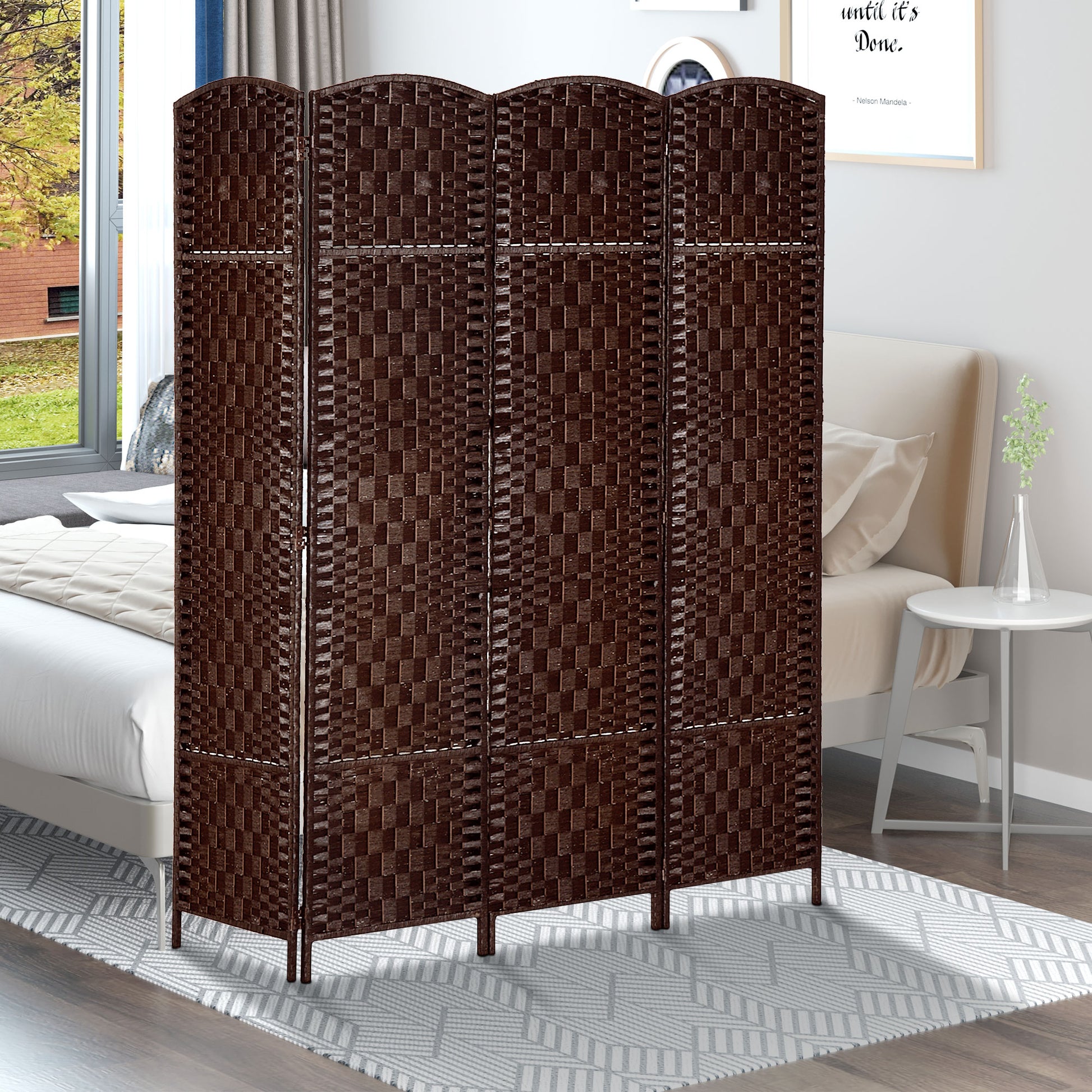 6' Tall Wicker Weave 4 Panel Room Divider Privacy Screen Brown Brown Wood