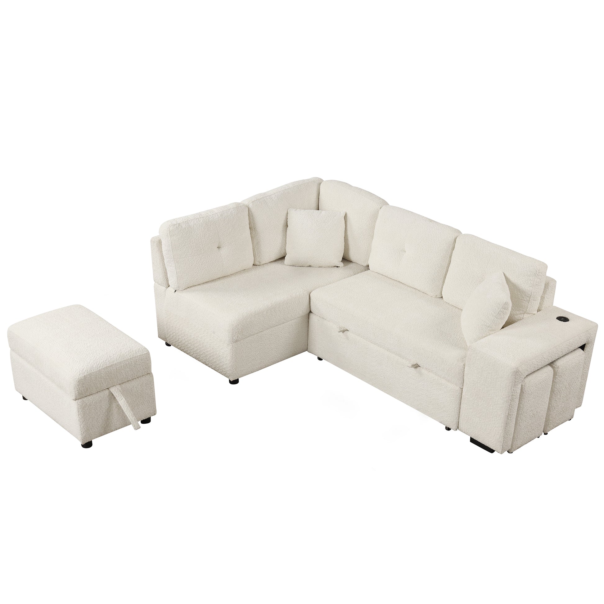 87.7" Convertible Sleeper, Sectional Pull Out Sofa Bed With Storage Ottoman, 2 Throw Pillows, 2 Stools, Wireless Charger And Two Hidden Usb Ports For Living Room, Cream Cream Chenille 4 Seat