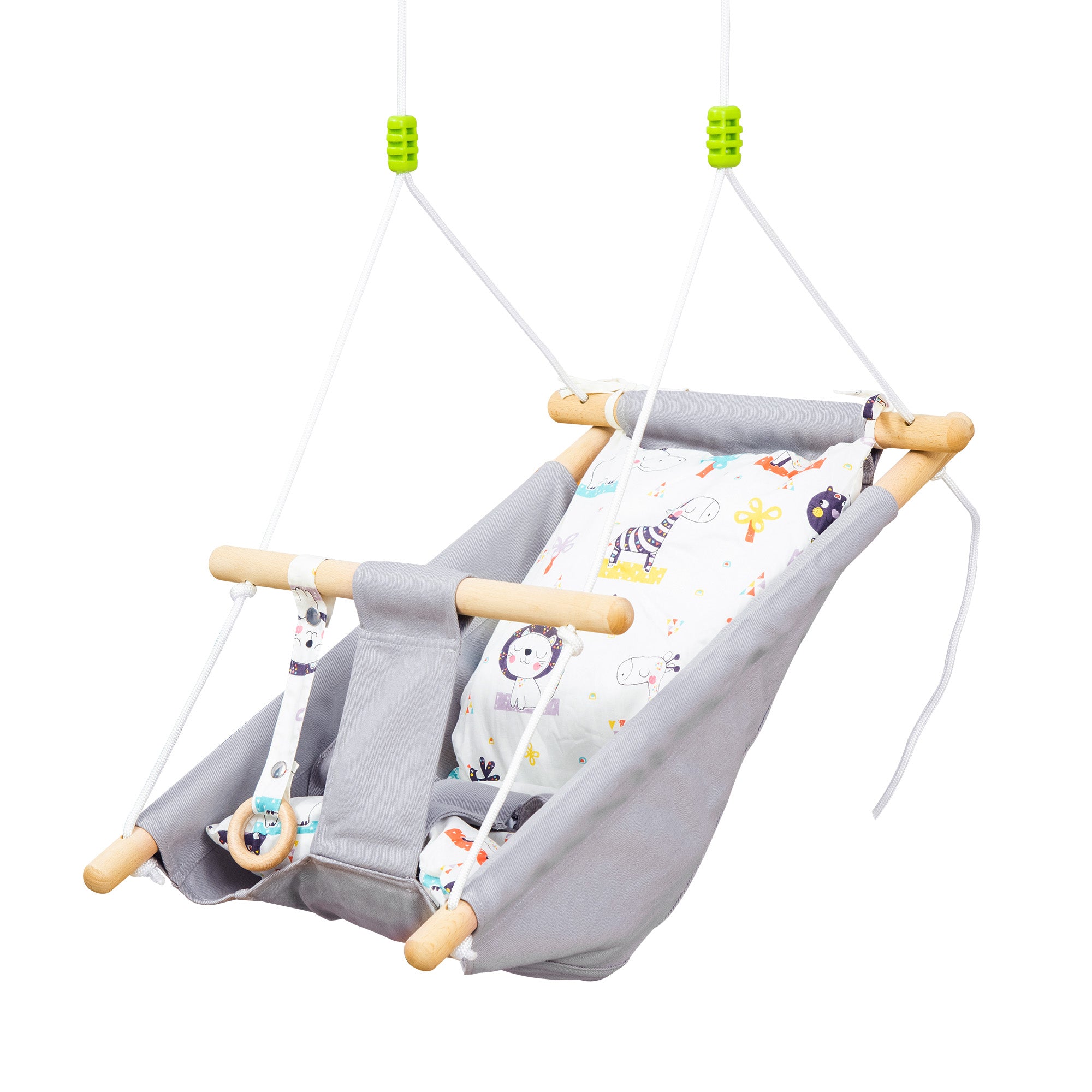 Indoor Baby Swing With 2 Cushions, Infant Chair Hanging Rope Max.176 Lbs, W Cotton Weave For Home Patio Lawn, 6 Months To 3 Years Old, Gray Gray Wood