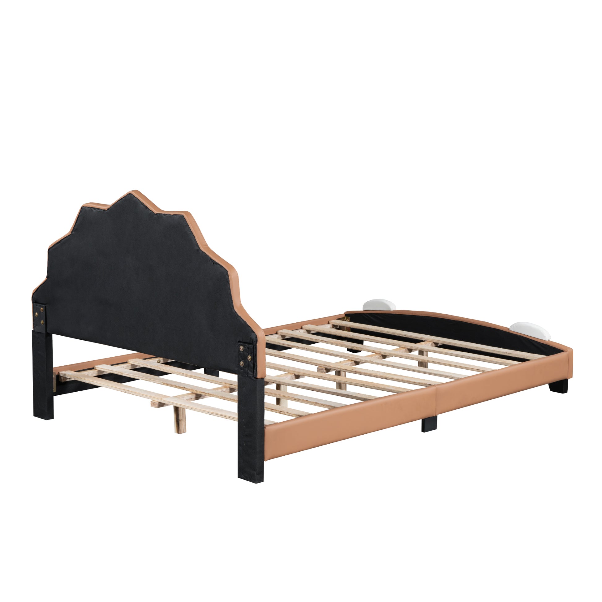 Full Size Upholstered Leather Platform Bed With Lion Shaped Headboard, Brown Brown Upholstered