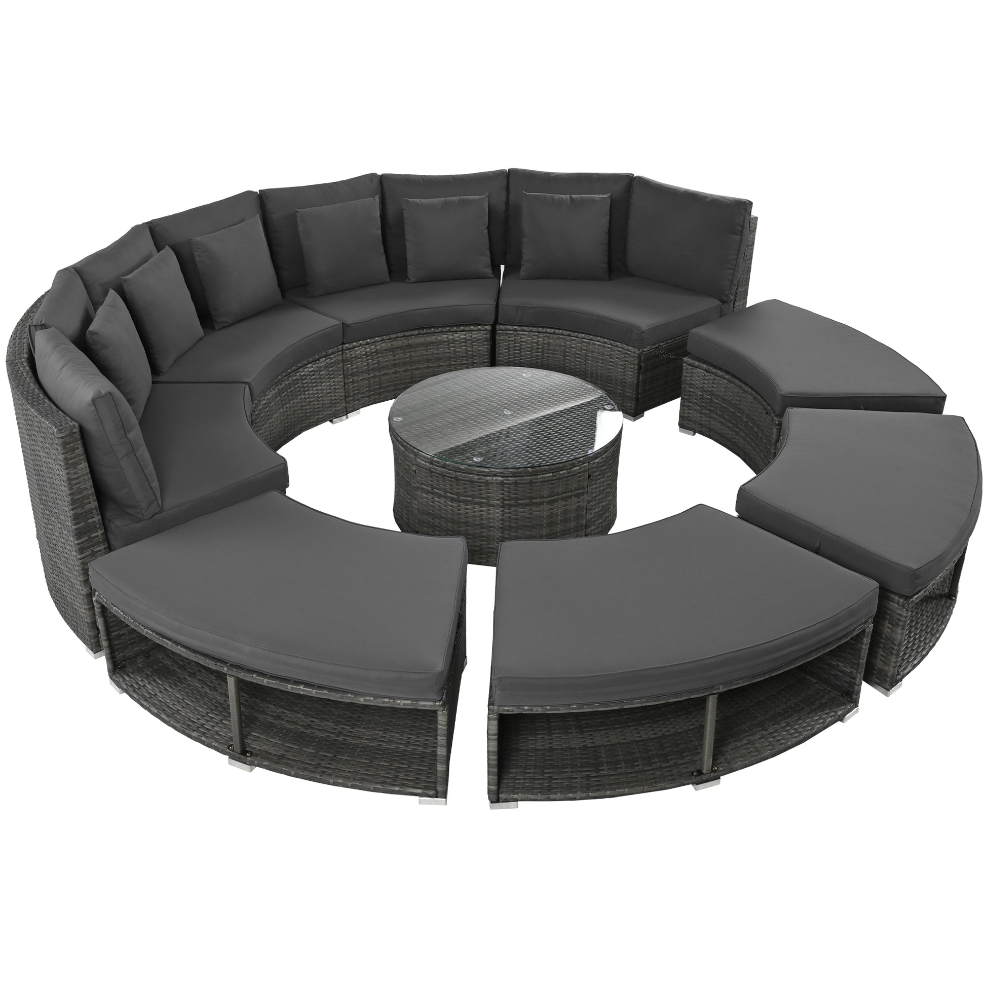 Outdoor Patio Furniture Luxury Circular Outdoor Sofa Set Rattan Wicker Sectional Sofa Lounge Set With Tempered Glass Coffee Table, 6 Pillows, Grey Yes Grey Water Resistant Frame Water Resistant Cushion Garden & Outdoor Sectional Seating Groups Foam