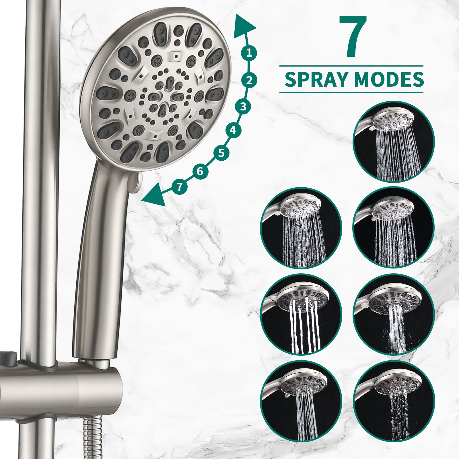 Drill Free Stainless Steel Slide Bar Combo Rain Showerhead 7 Setting Hand, Dual Shower Head Spa System With Tup Spout Rough In Valve Included Brushed Nickel Abs