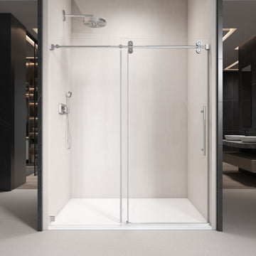 56'' 60'' W X 76'' H Single Sliding Frameless Shower Door With 3 8 Inch 10Mm Clear Glass In Chrome Chrome Stainless Steel