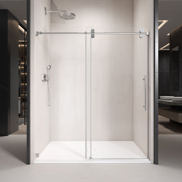 62'' 66'' W X 76'' H Single Sliding Frameless Shower Door With 3 8 Inch 10Mm Clear Glass In Chrome Chrome Stainless Steel