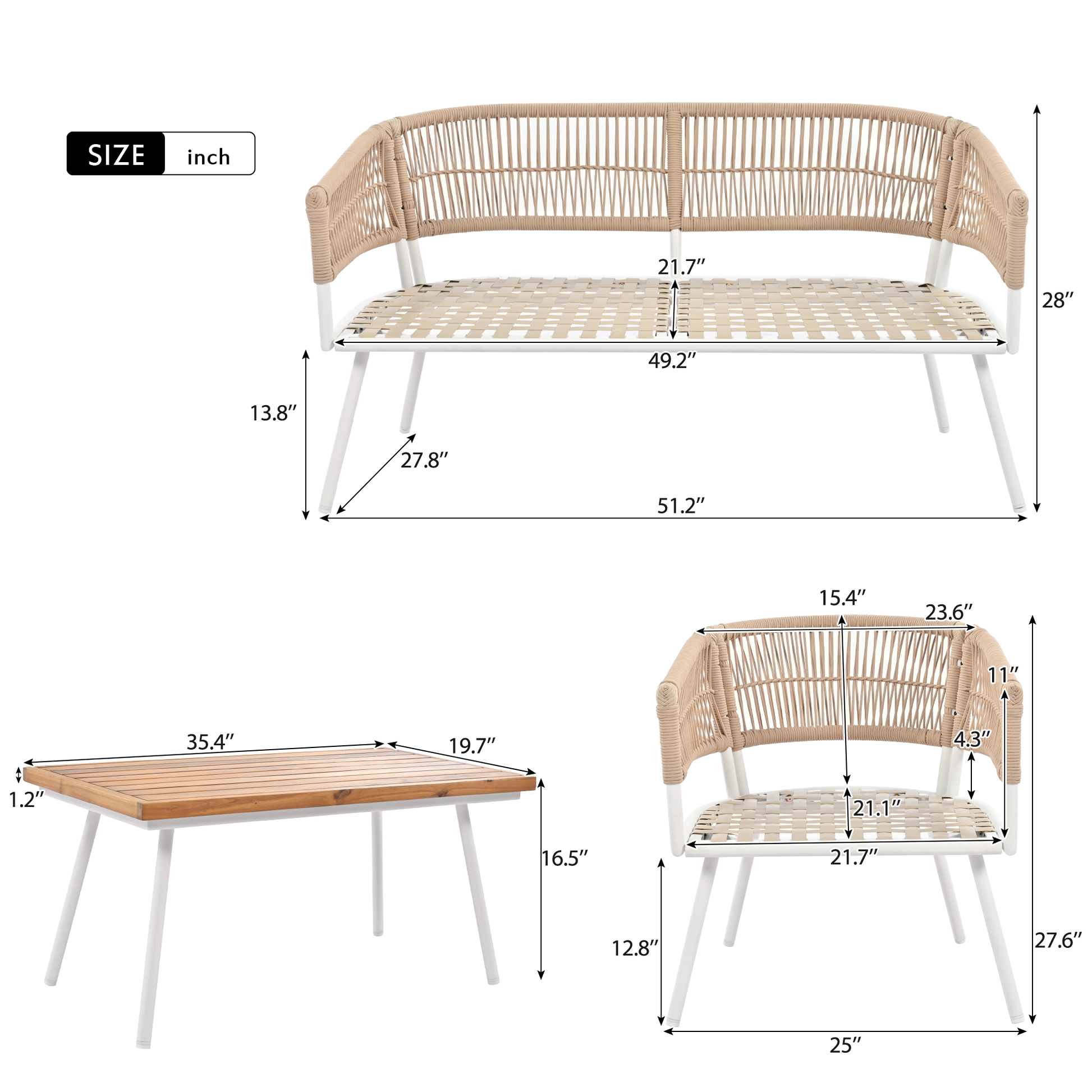 K&K 4 Piece Boho Rope Patio Furniture Set, Outdoor Furniture With Acacia Wood Table, Patio Conversation Set With Deep Seating & Thick Cushion For Backyard Porch Balcony, Beige Yes Complete Patio Set Beige Weather Resistant Frame Fade Resistant Cushion