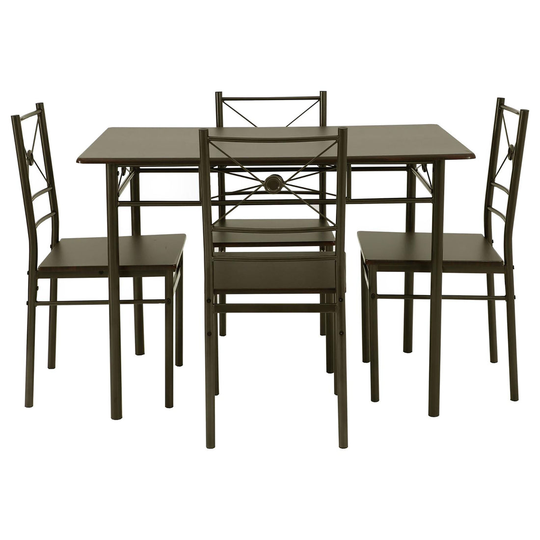 Walnut And Dark Bronze 5 Piece Rectangle Dining Set Metal Wood Brown Seats 4 Metal Dining Room 42 Inches Fixed Table Rustic,Traditional 4 Leg Rectangular Dining Table With Chair Metal