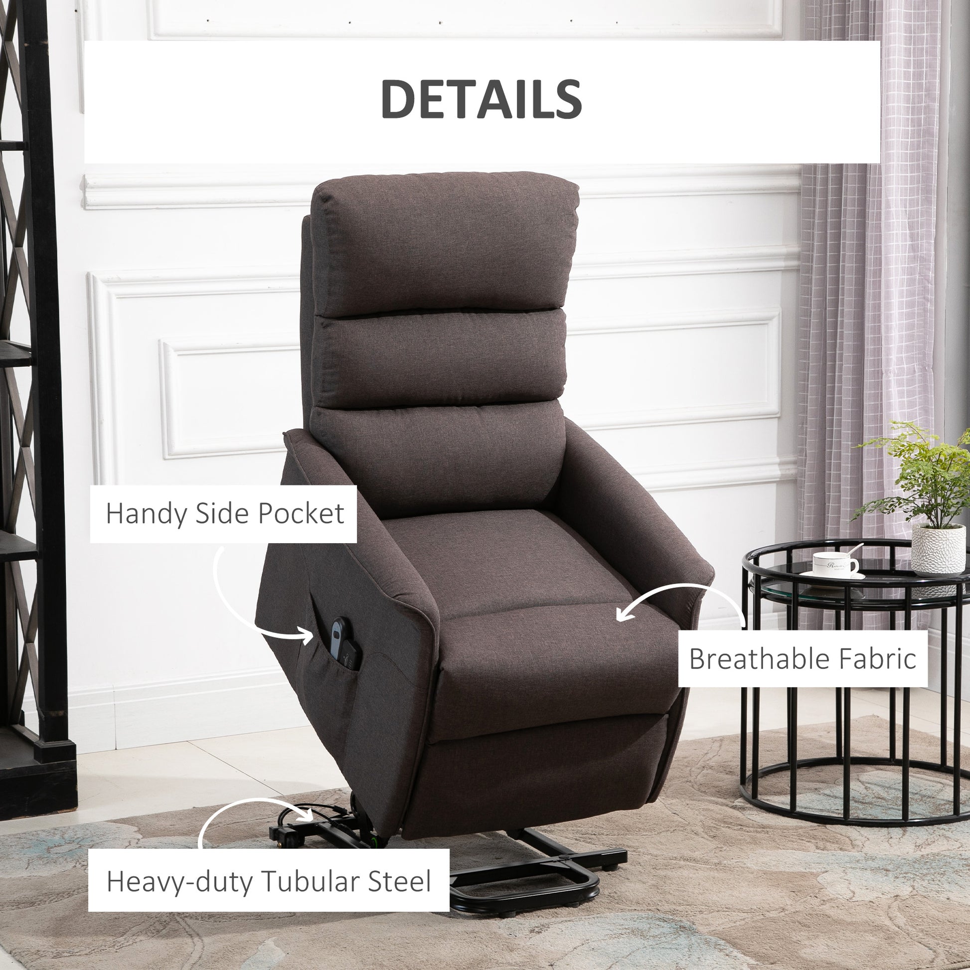Electric Power Lift Recliner Chair For Elderly, Fabric Lift Chair With Remote Control, Side Pockets For Living Room, Brown Brown Polyester