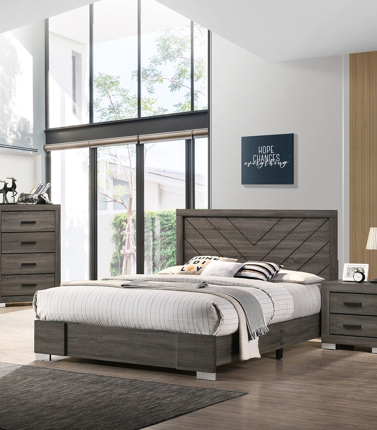 Contemporary Grey Finish Unique King Size Bed 1Pc Bedroom Furniture Unique Lines Headboard Wooden Box Spring Not Required King Gray Wood Bedroom Classic,Contemporary,Modern Bed Frame Solid Wood Mdf