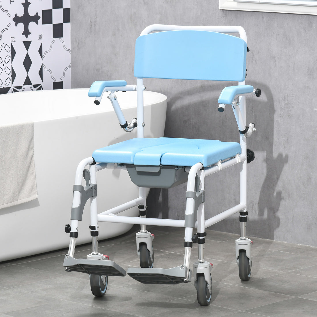 Accessibility Commode Wheelchair, Rolling Shower Wheelchair With 4 Castor Wheels, Rectangle Detachable Bucket, & Waterproof Design, 17" Seat Width, Blue Blue Pu Leather