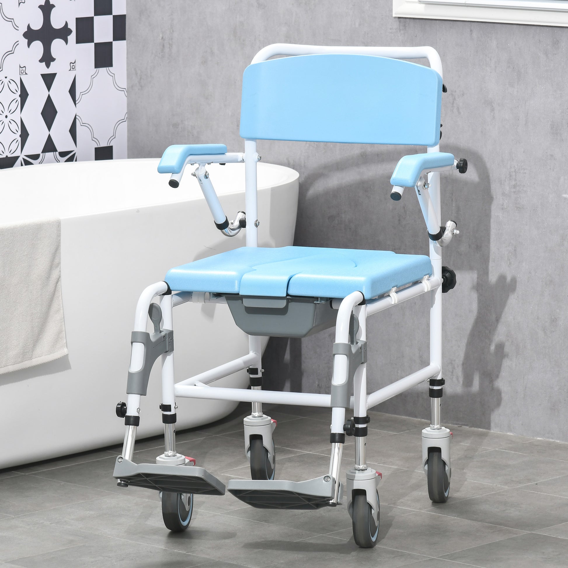 Accessibility Commode Wheelchair, Rolling Shower Wheelchair With 4 Castor Wheels, Rectangle Detachable Bucket, & Waterproof Design, 17" Seat Width, Blue Blue Pu Leather