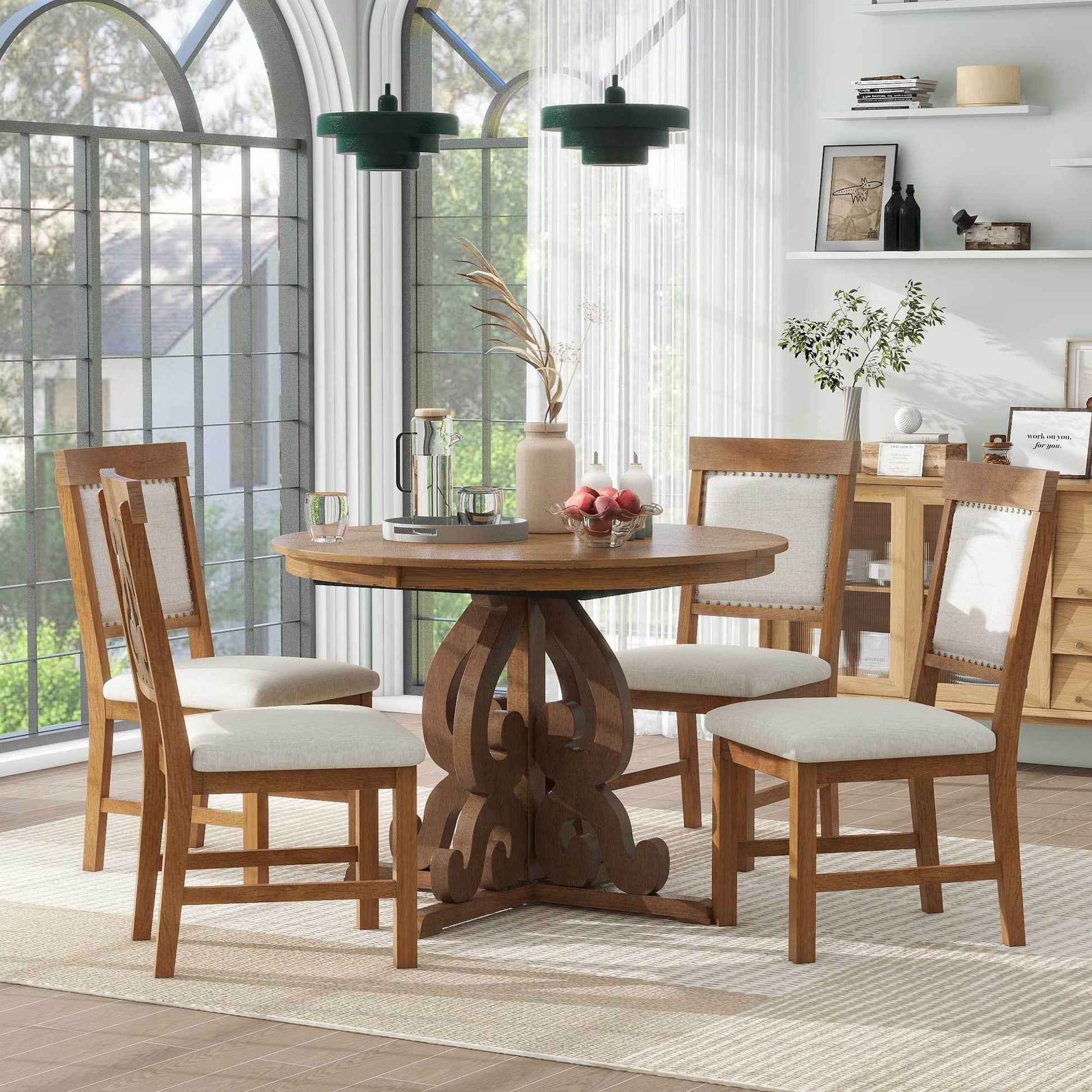 5 Piece Retro Functional Dining Set, 1 Extendable Table With A 16 Inch Leaf And 4 Upholstered Chairs For Dining Room And Kitchen Walnut Walnut Solid Wood